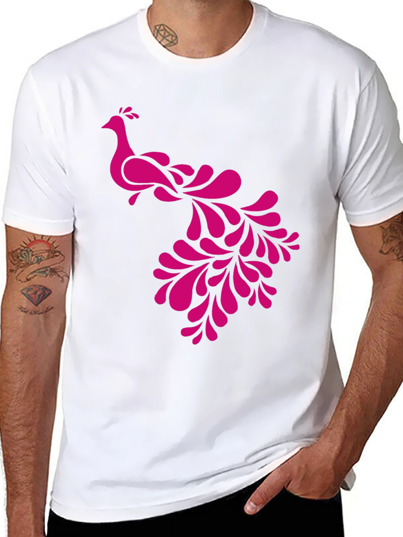 Pink Peacock Graphic Black T-Shirt
