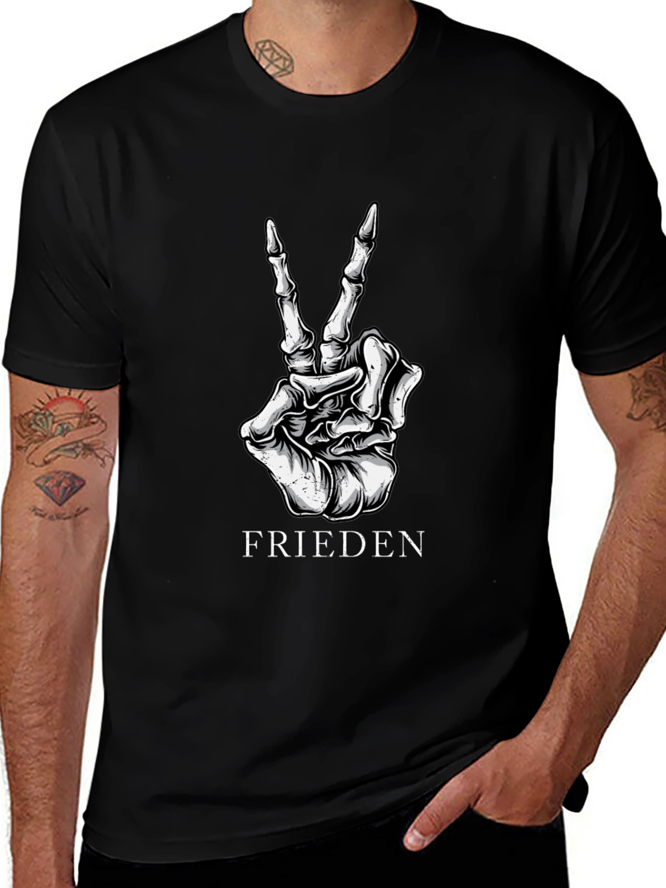 Frieden Peace Skeleton Hand Black Graphic T-Shirt