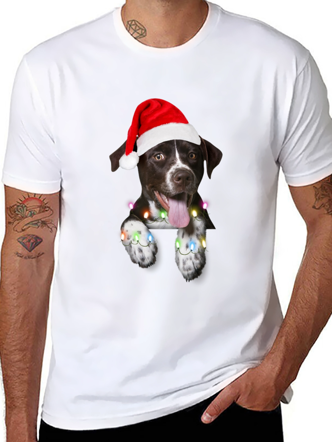 Festive Dog Tee - Christmas Lights & Santa Hat