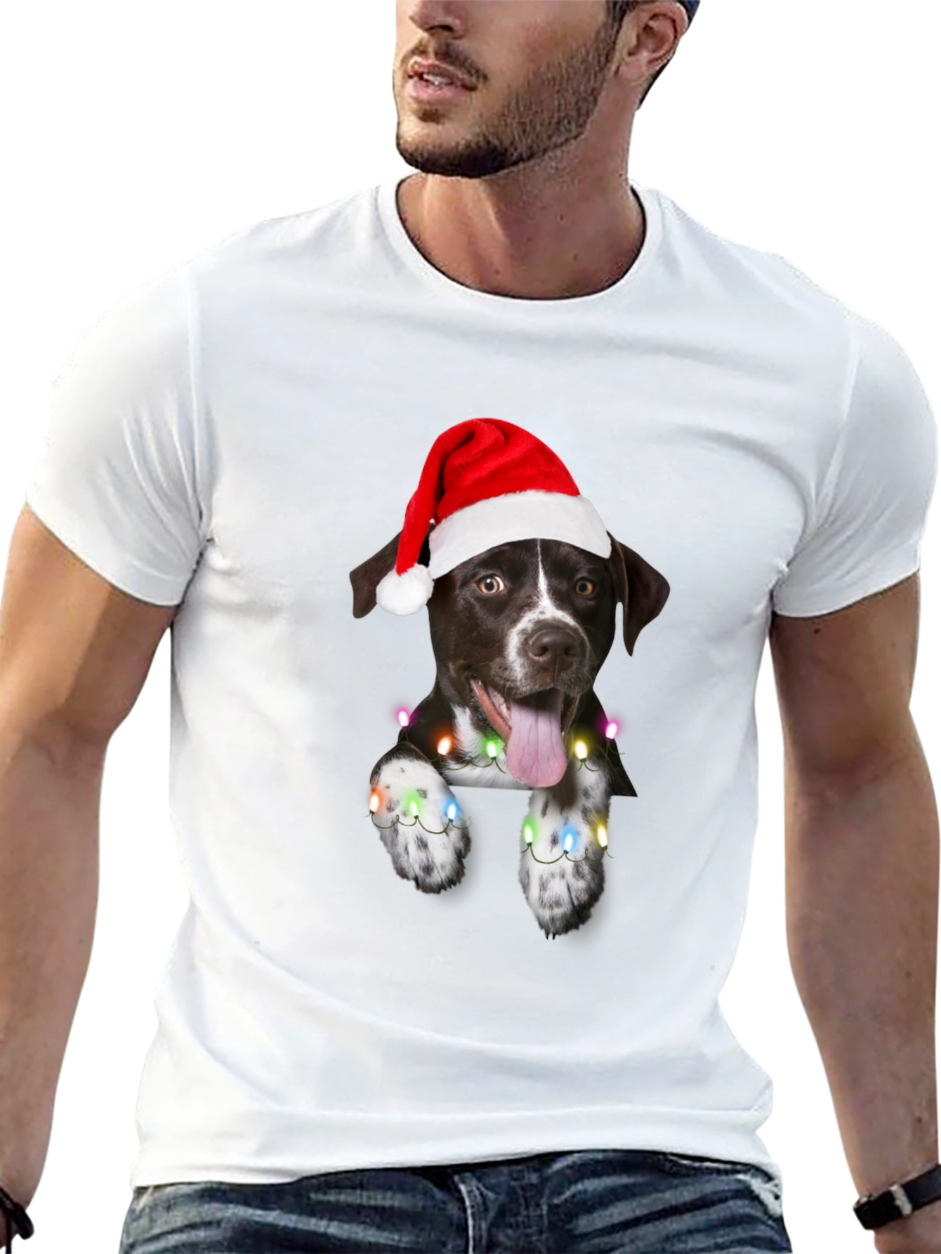 Festive Dog Tee - Christmas Lights & Santa Hat