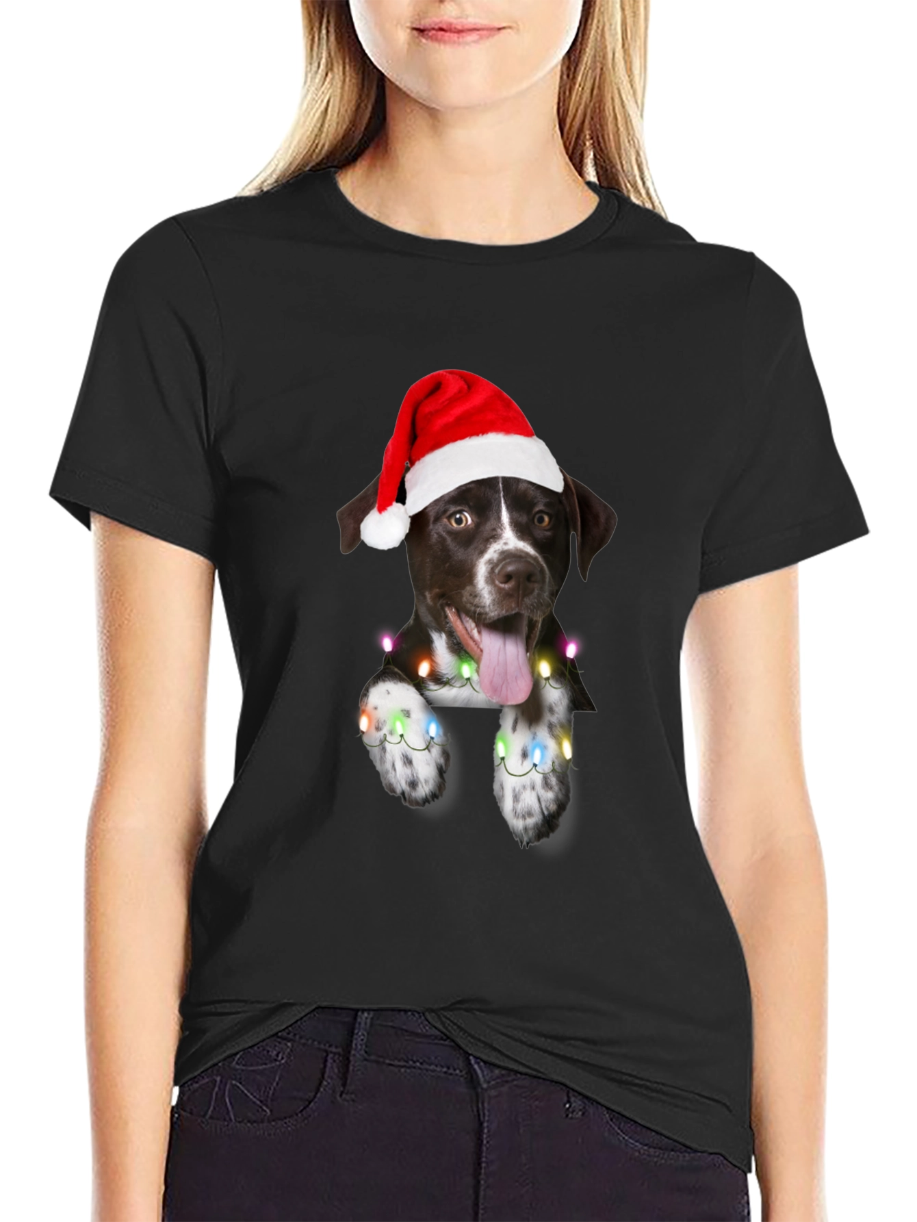 Festive Dog Tee - Christmas Lights & Santa Hat