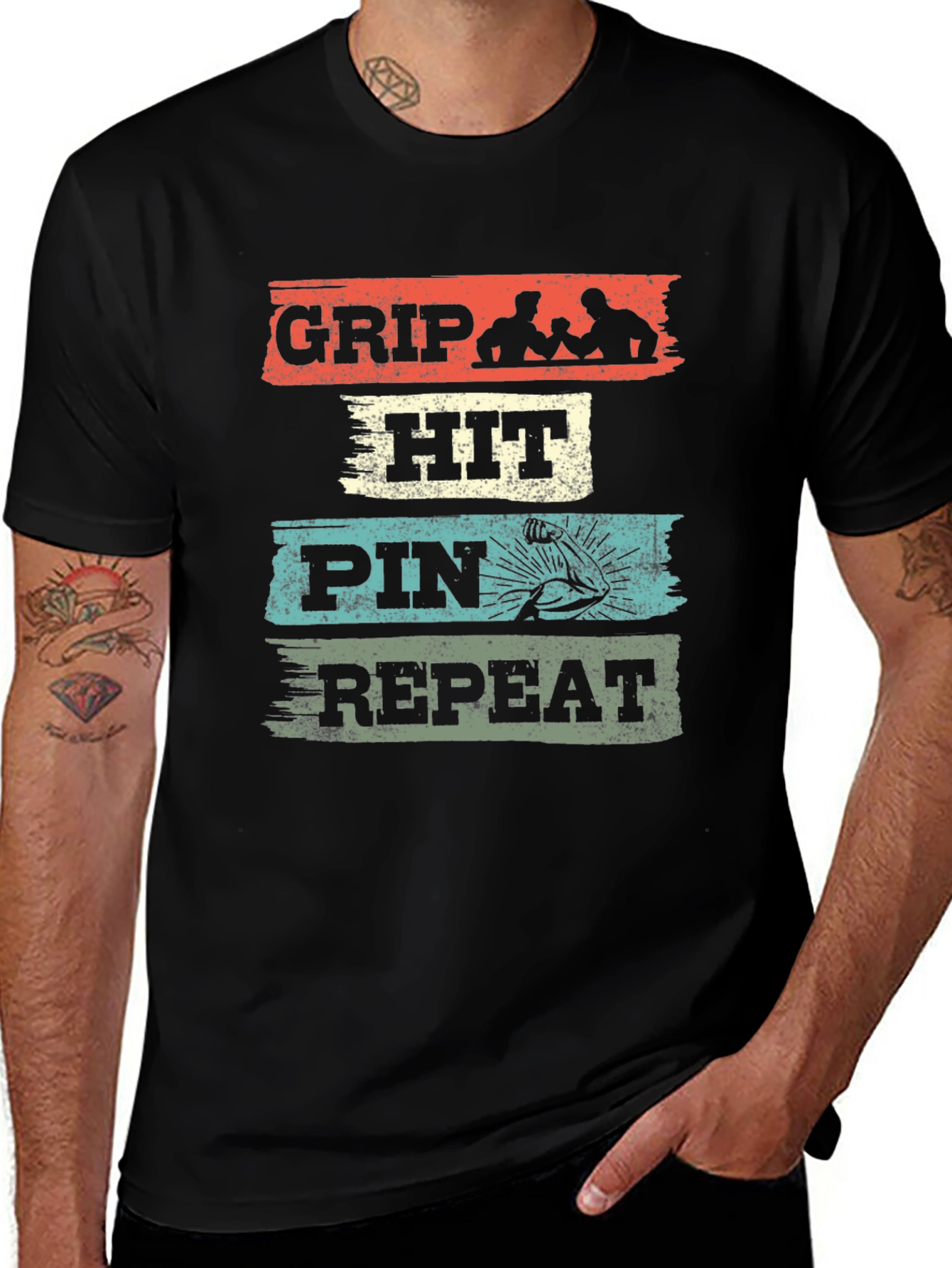 Grip Hit Pin Repeat Arm Wrestling Graphic Tee