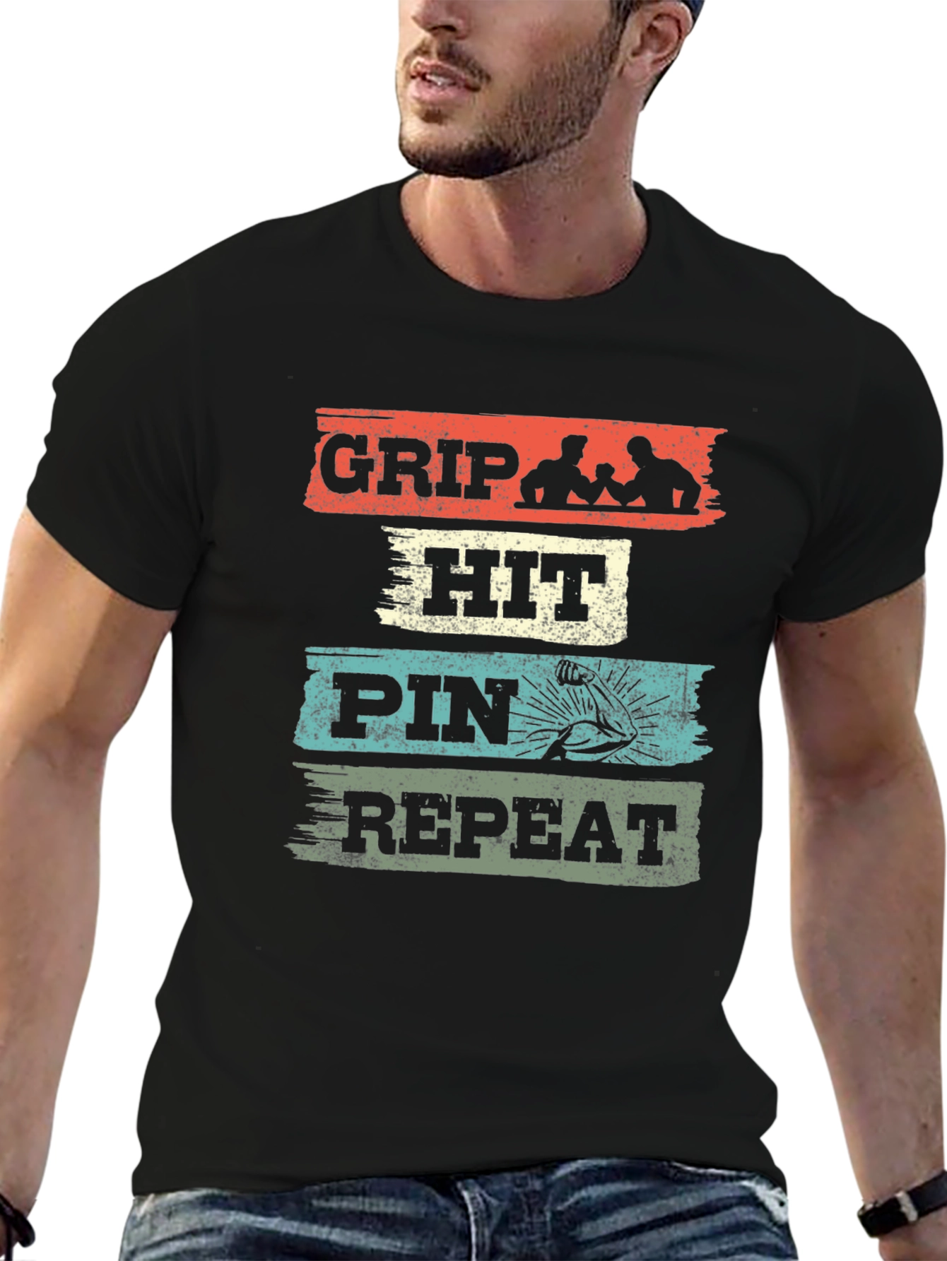Grip Hit Pin Repeat Arm Wrestling Graphic Tee