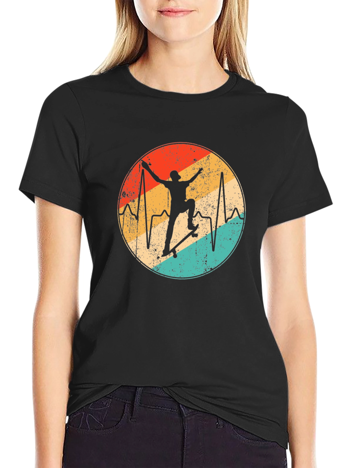 Retro Skateboard Heartbeat Graphic Tee - Black