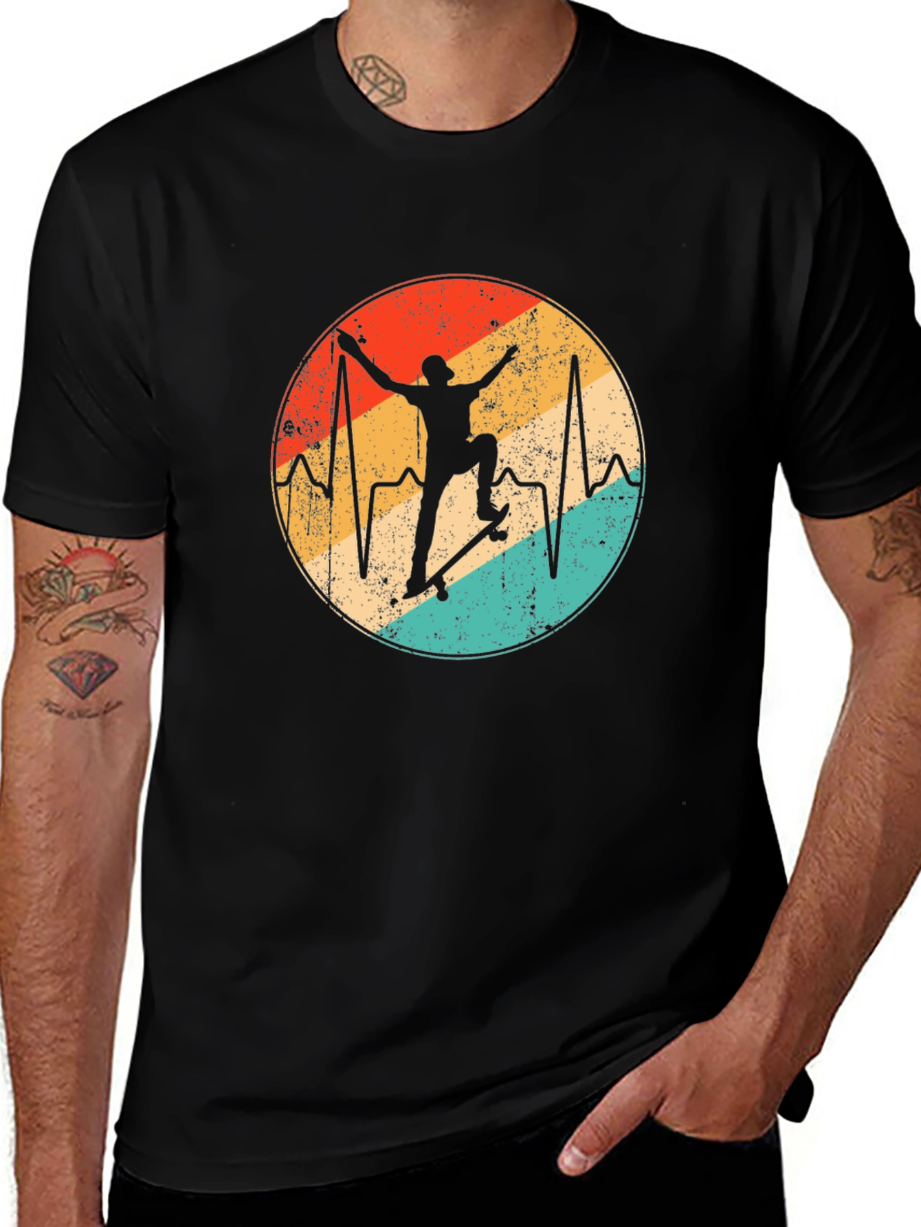 Retro Skateboard Heartbeat Graphic Tee - Black