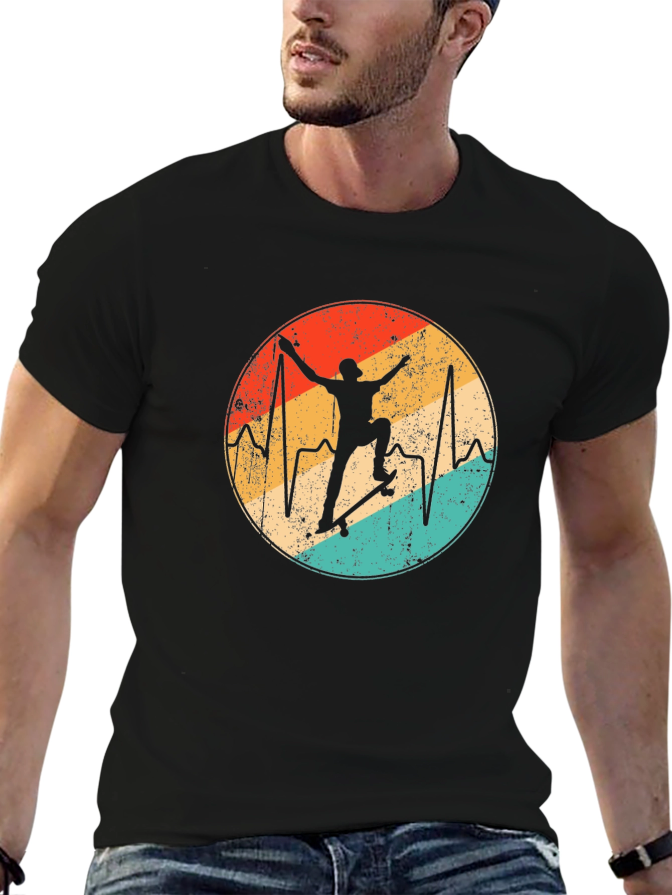 Retro Skateboard Heartbeat Graphic Tee - Black
