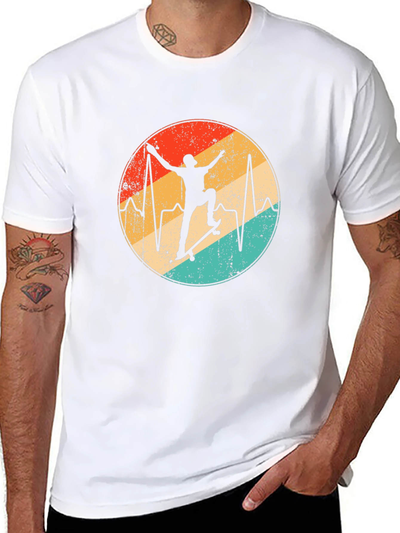 Retro Skateboard Heartbeat Graphic Tee - Black