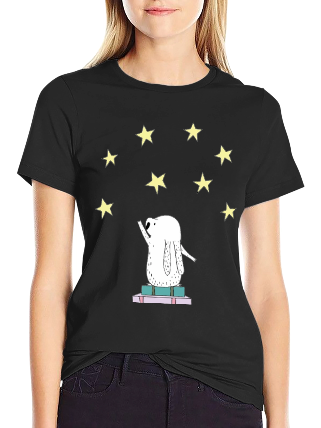 Starry Dreamer T-Shirt - Cute Rabbit on Books