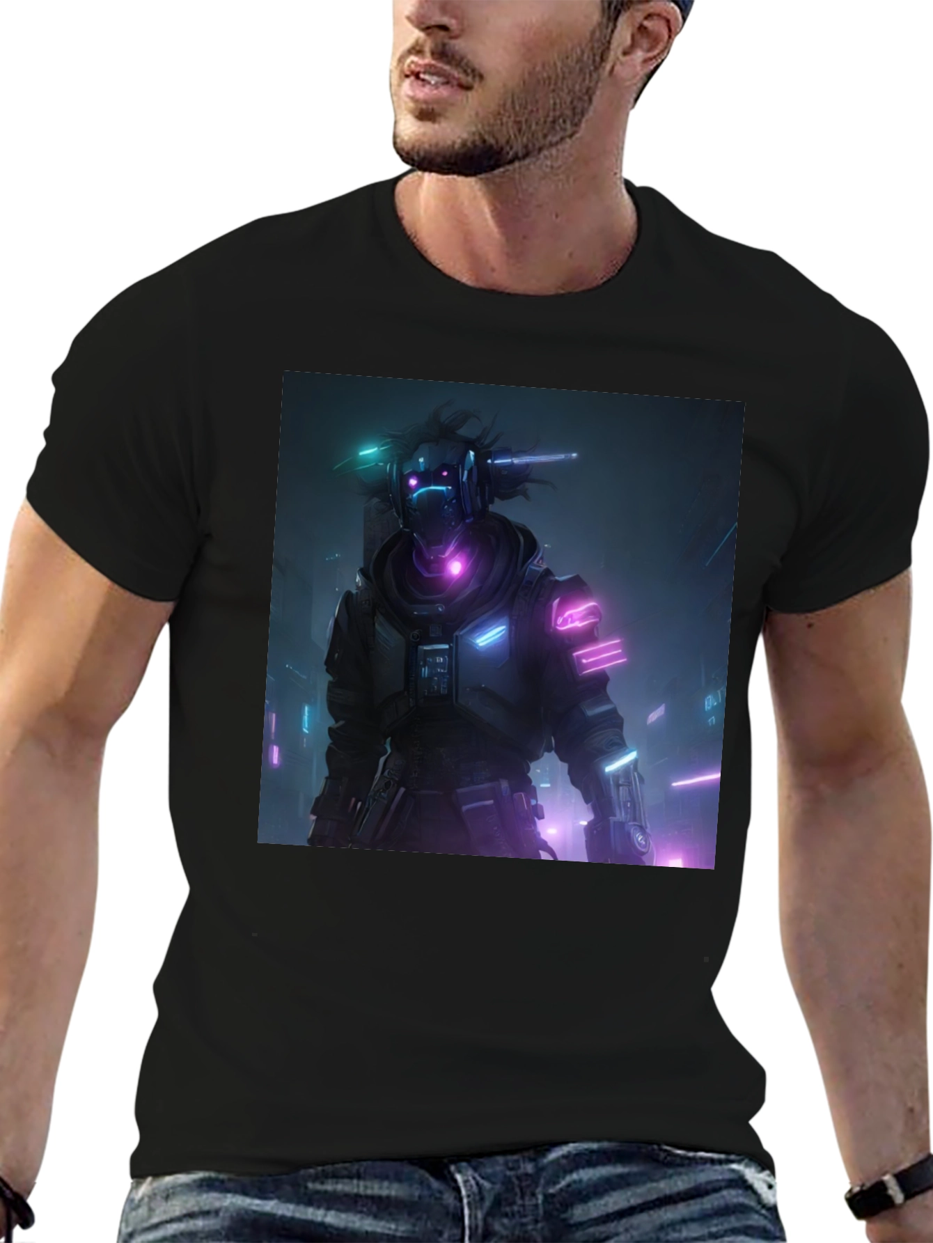 Cyberpunk Neon Character Black T-Shirt