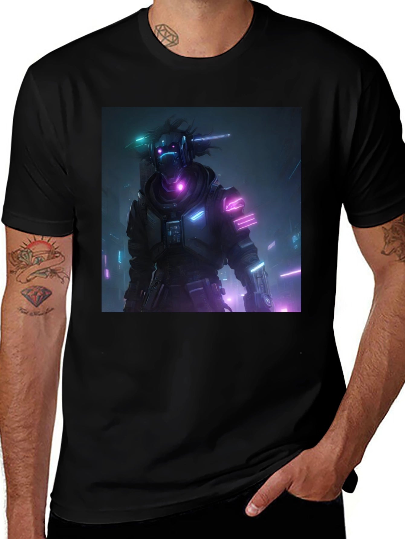 Cyberpunk Neon Character Black T-Shirt