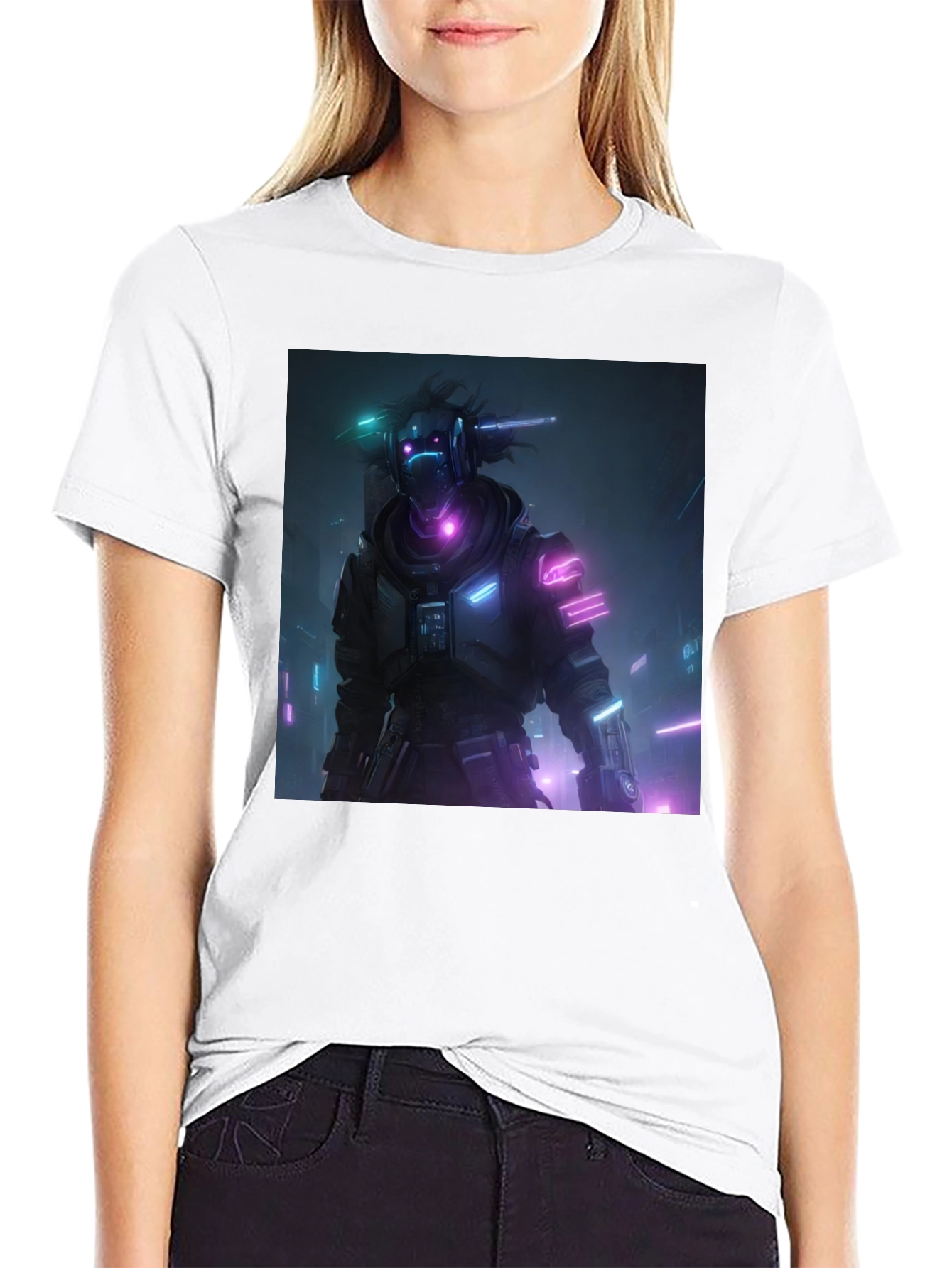 Cyberpunk Neon Character Black T-Shirt