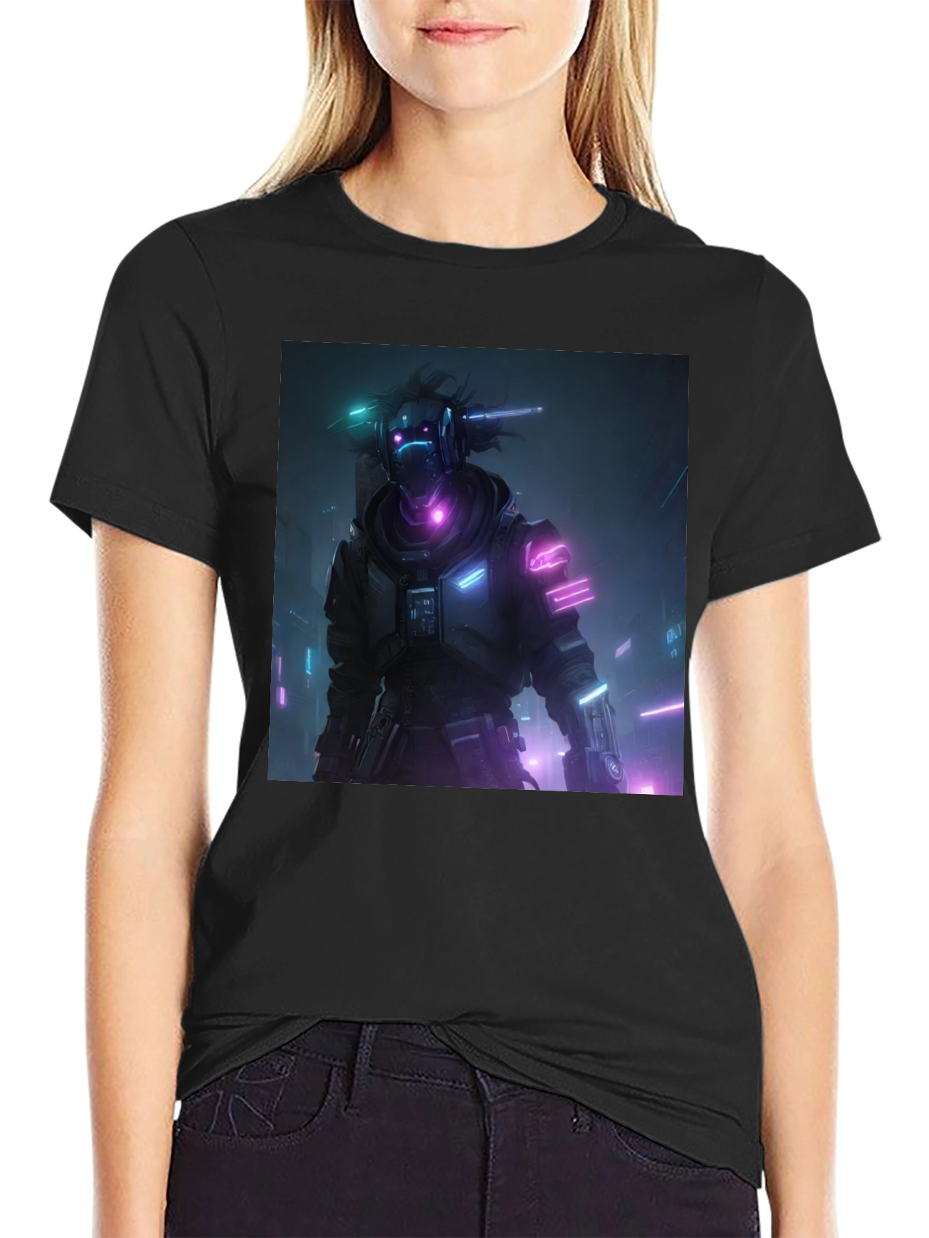Cyberpunk Neon Character Black T-Shirt