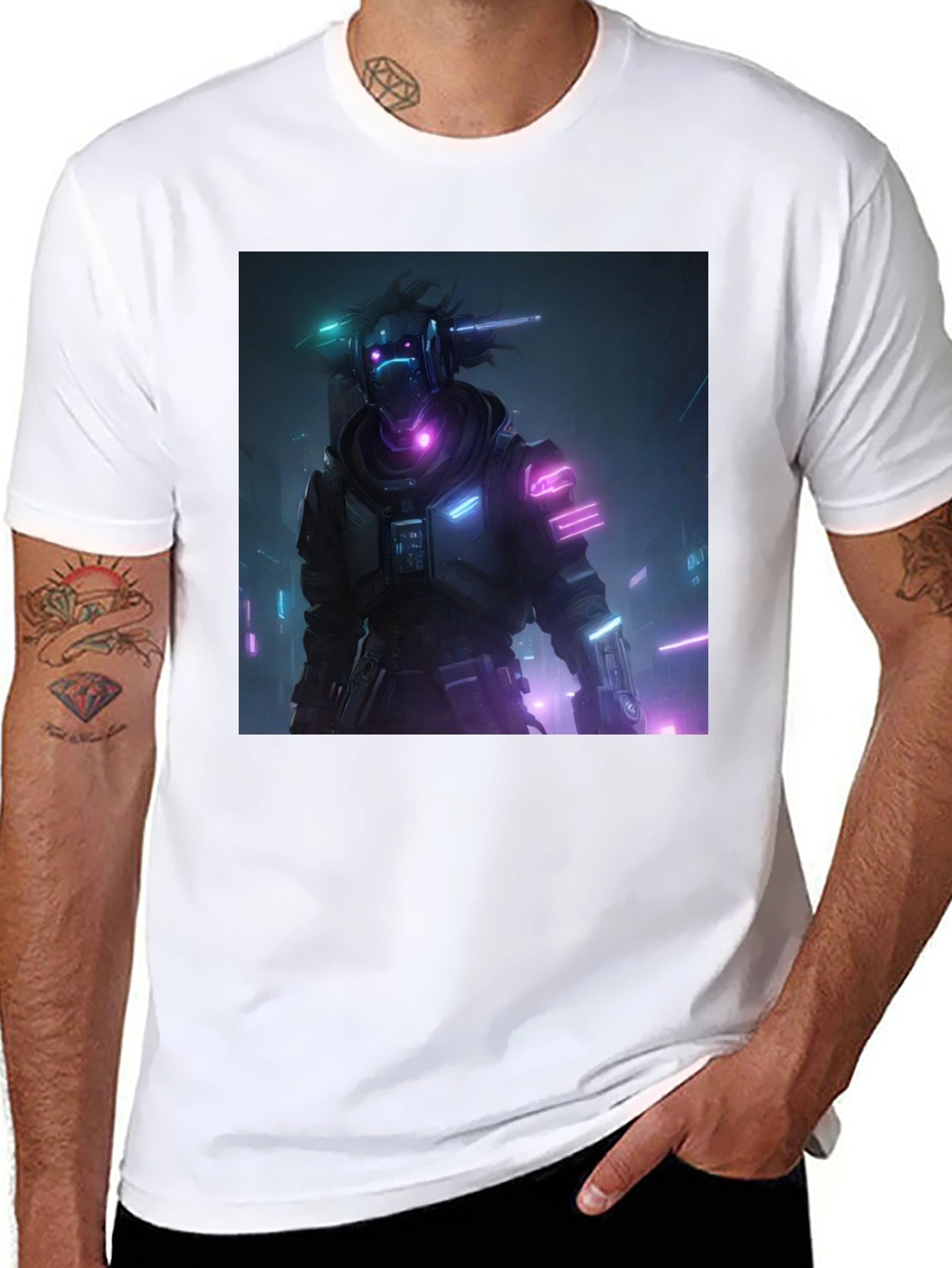 Cyberpunk Neon Character Black T-Shirt