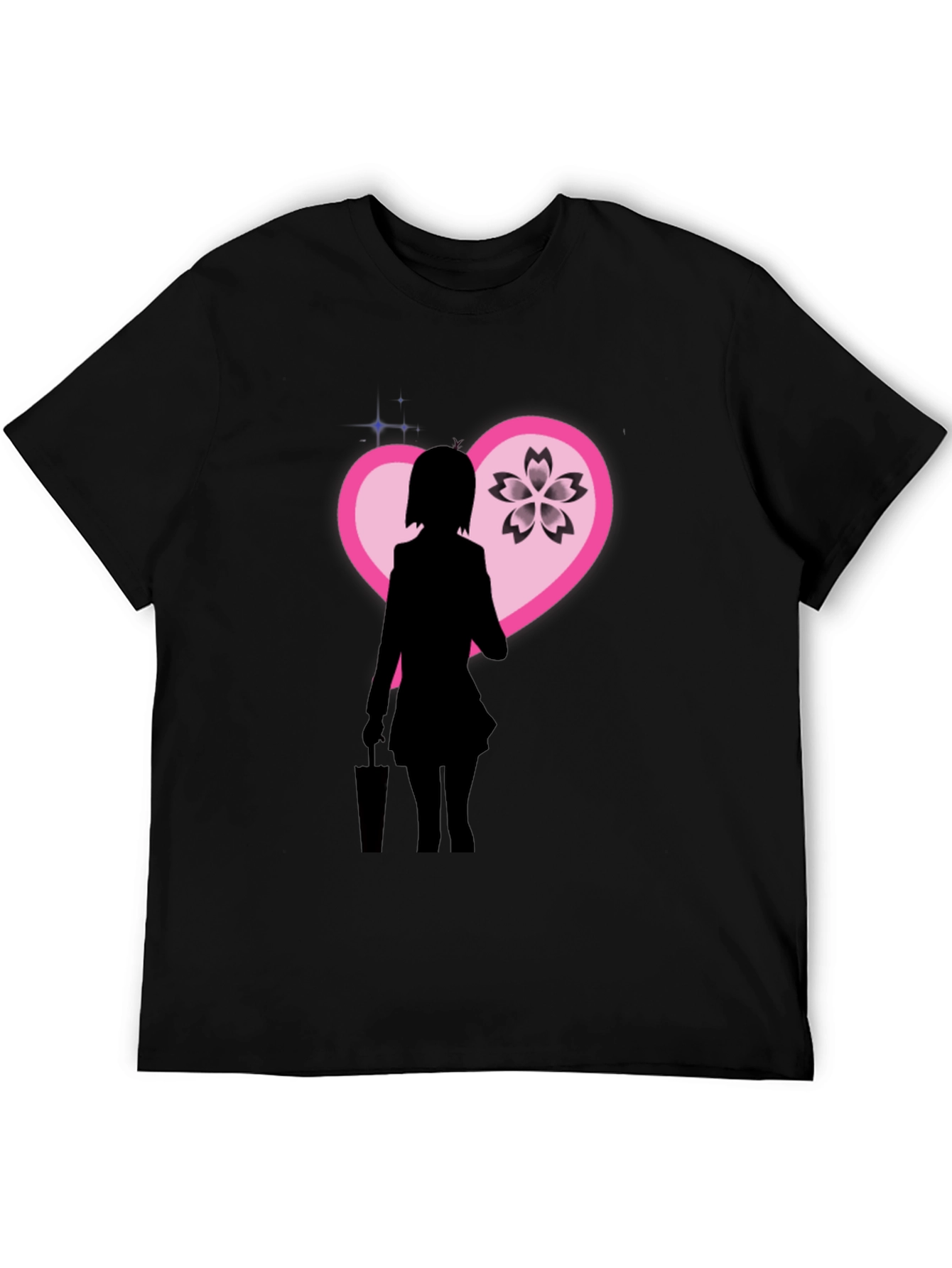 Anime Girl Sakura Heart Graphic Black T-Shirt