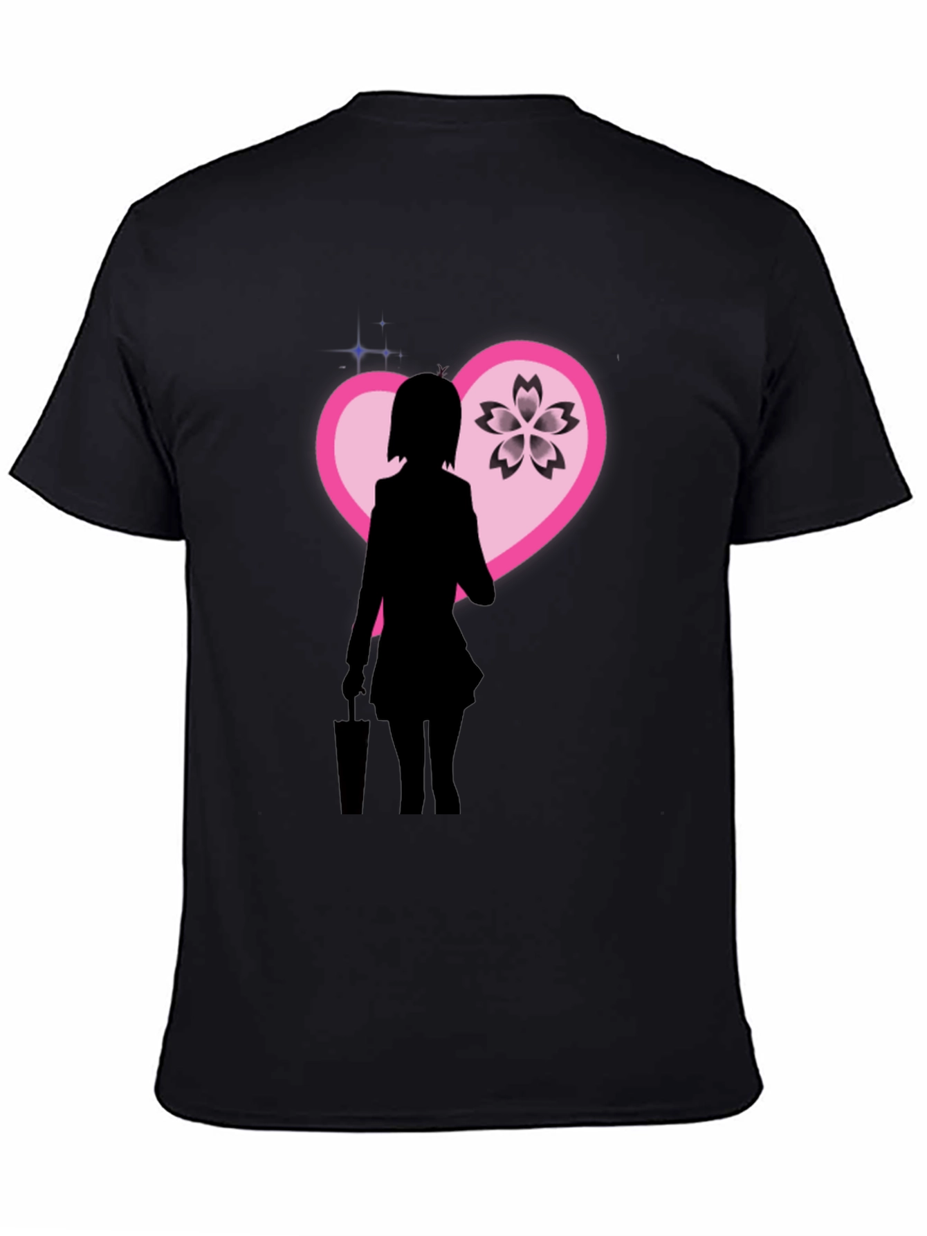 Anime Girl Sakura Heart Graphic Black T-Shirt