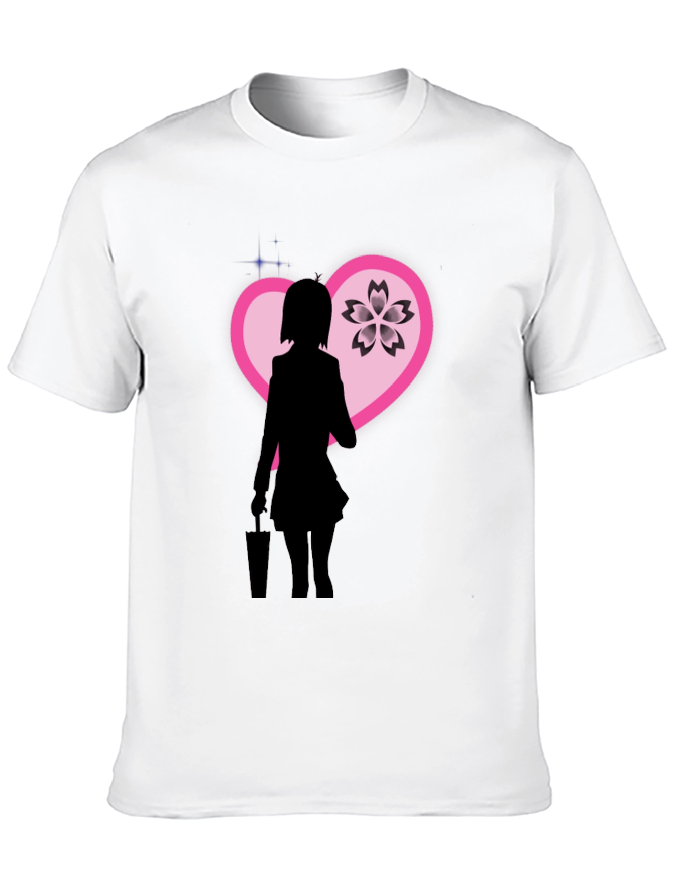 Anime Girl Sakura Heart Graphic Black T-Shirt