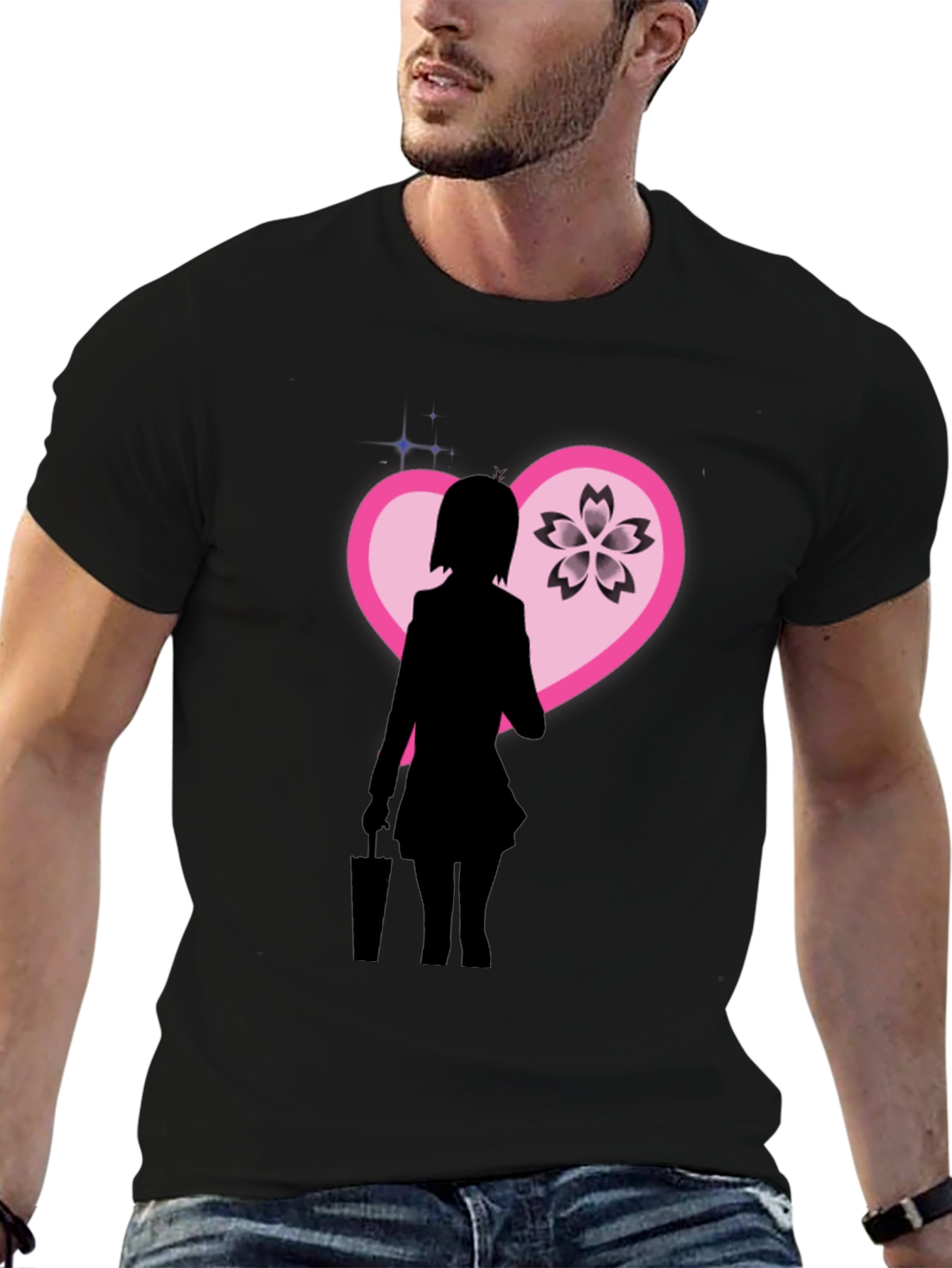 Anime Girl Sakura Heart Graphic Black T-Shirt