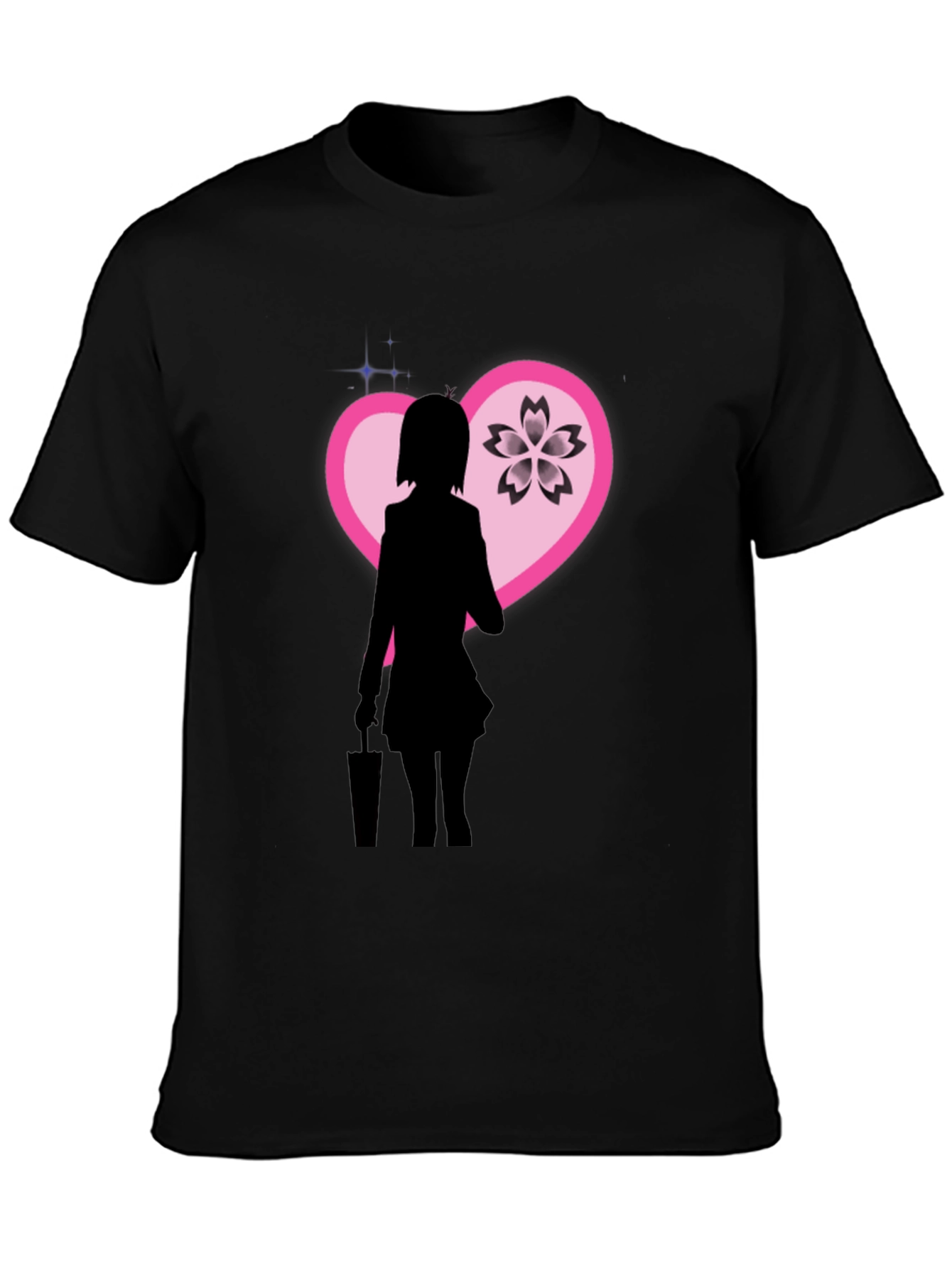 Anime Girl Sakura Heart Graphic Black T-Shirt
