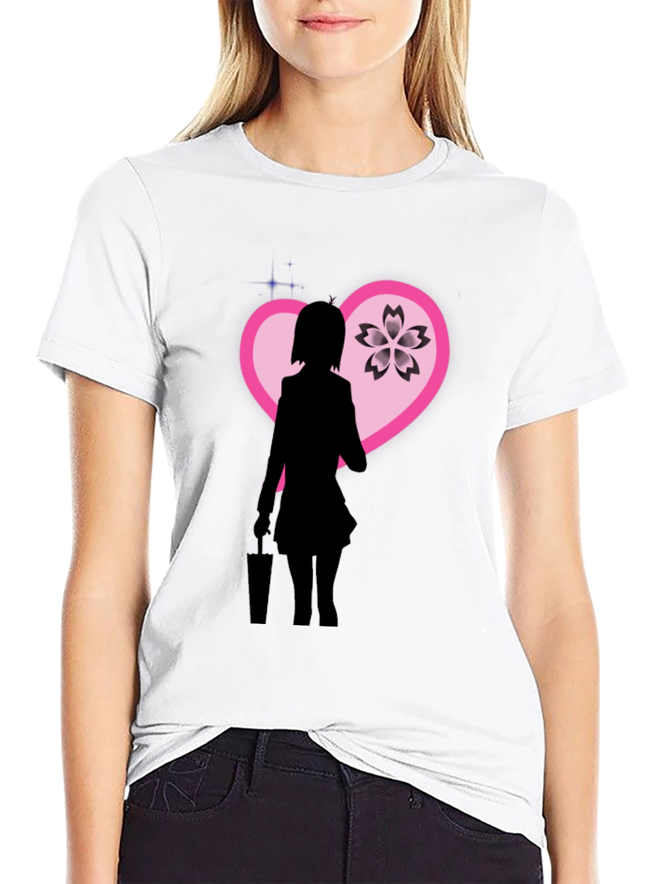 Anime Girl Sakura Heart Graphic Black T-Shirt
