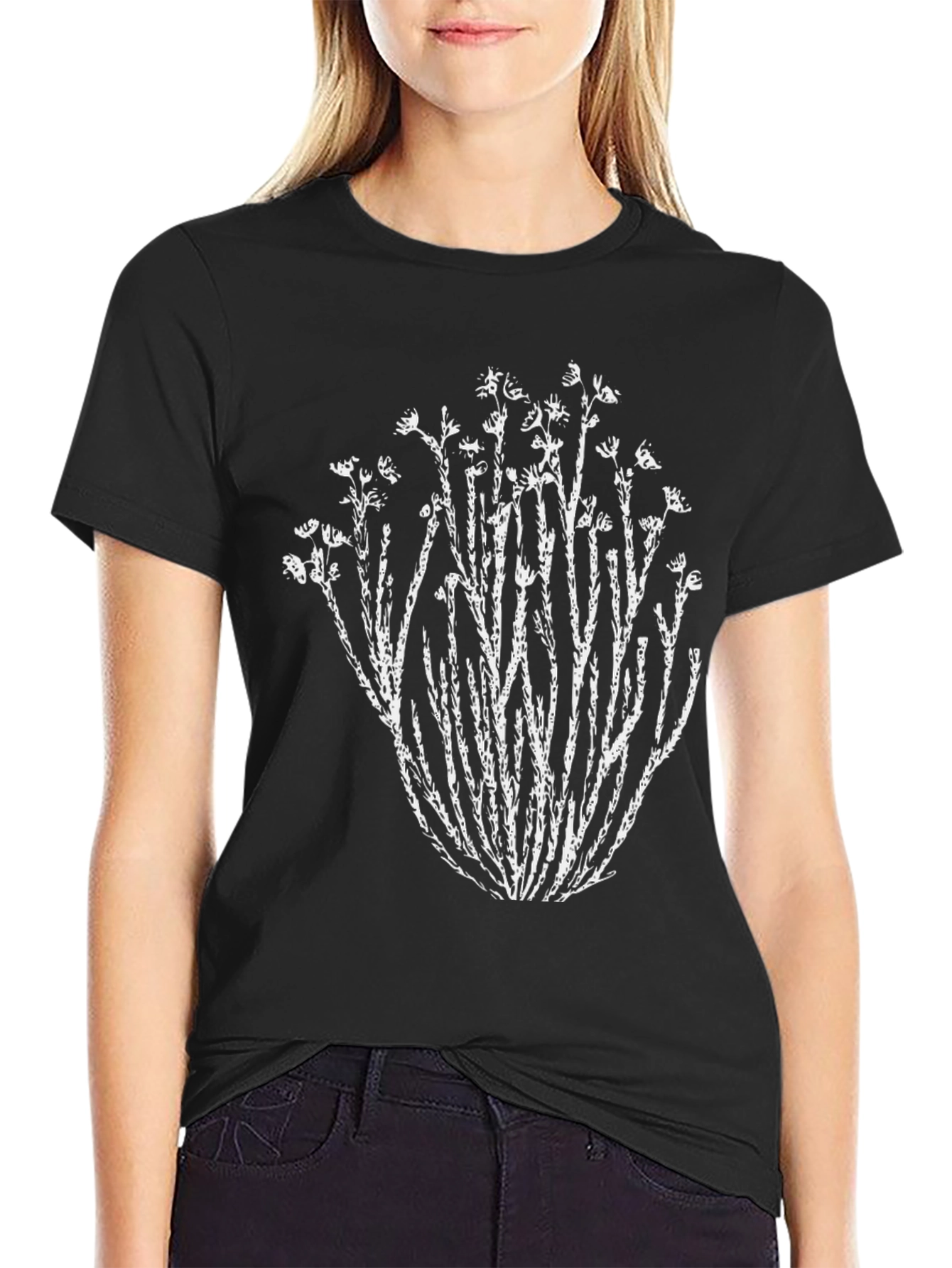 Nature Print Black T-Shirt - Unique Botanical Design
