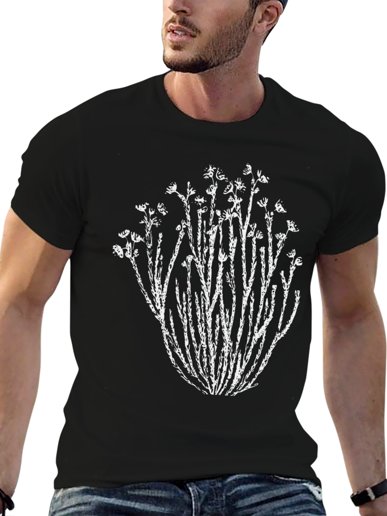 Nature Print Black T-Shirt - Unique Botanical Design