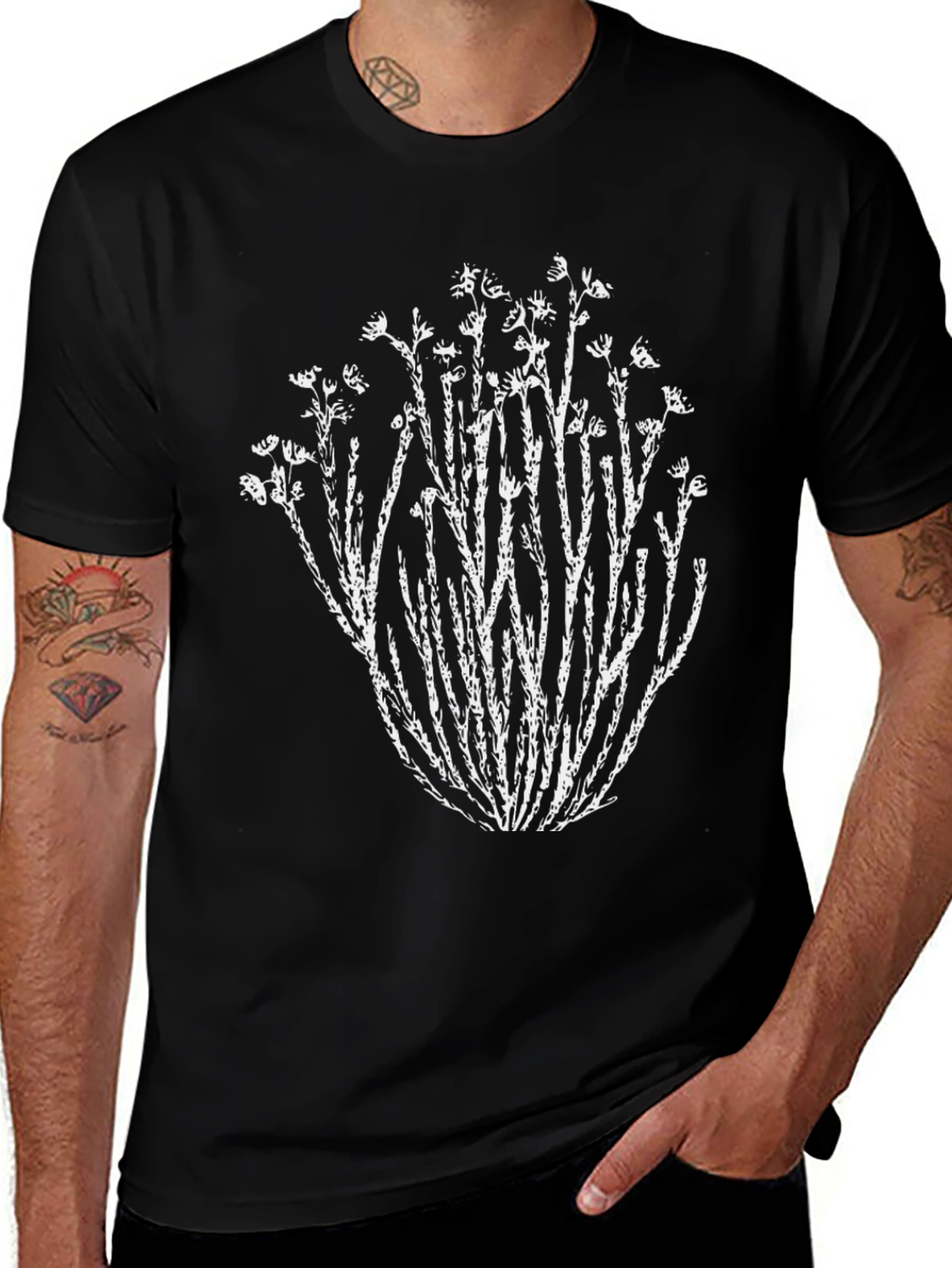 Nature Print Black T-Shirt - Unique Botanical Design