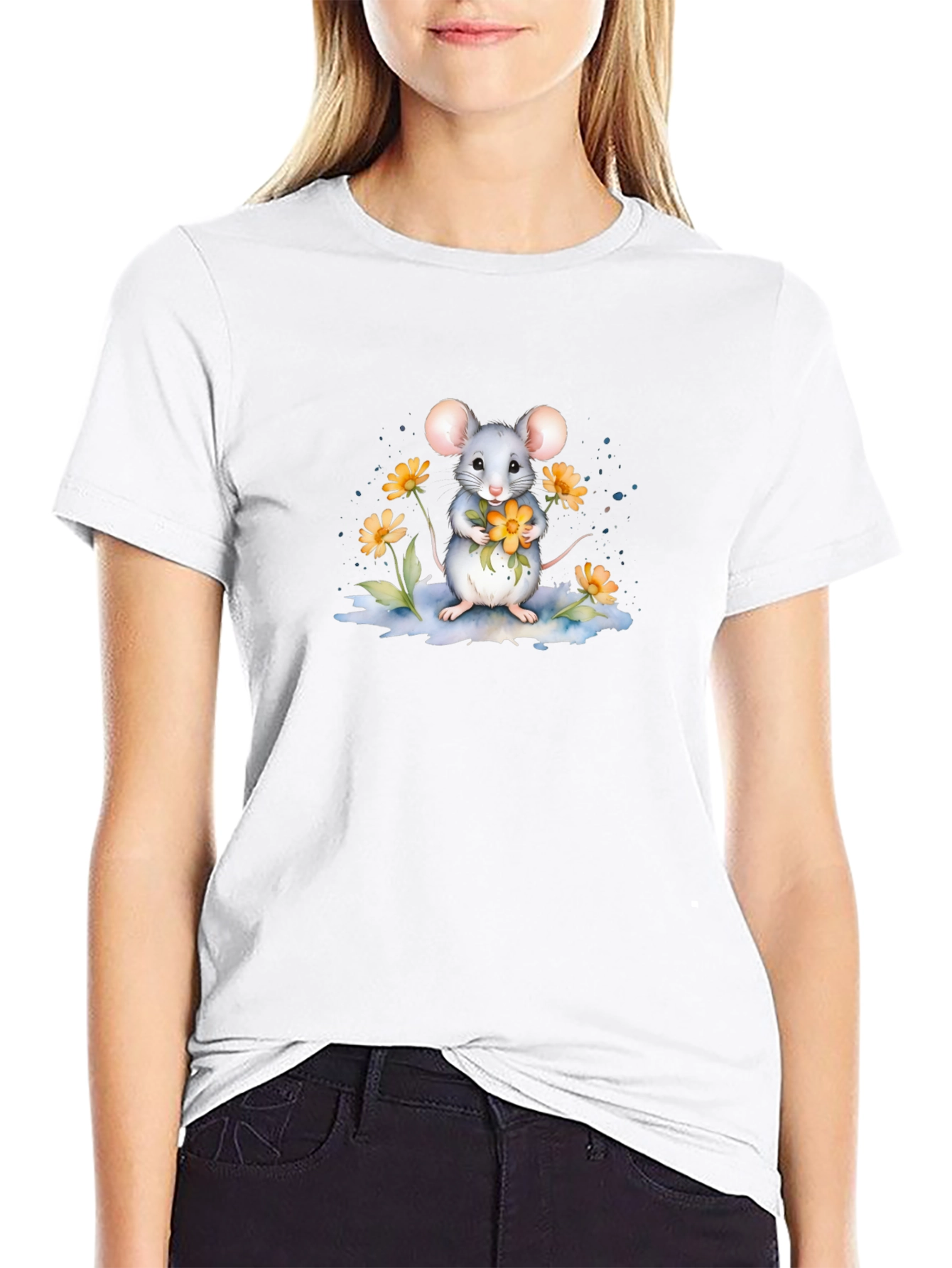 Cute Mouse with Flowers Graphic Tee