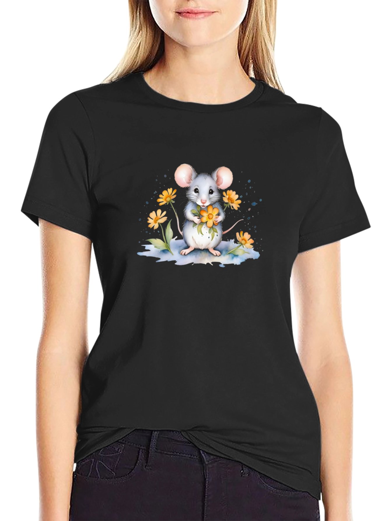 Cute Mouse with Flowers Graphic Tee