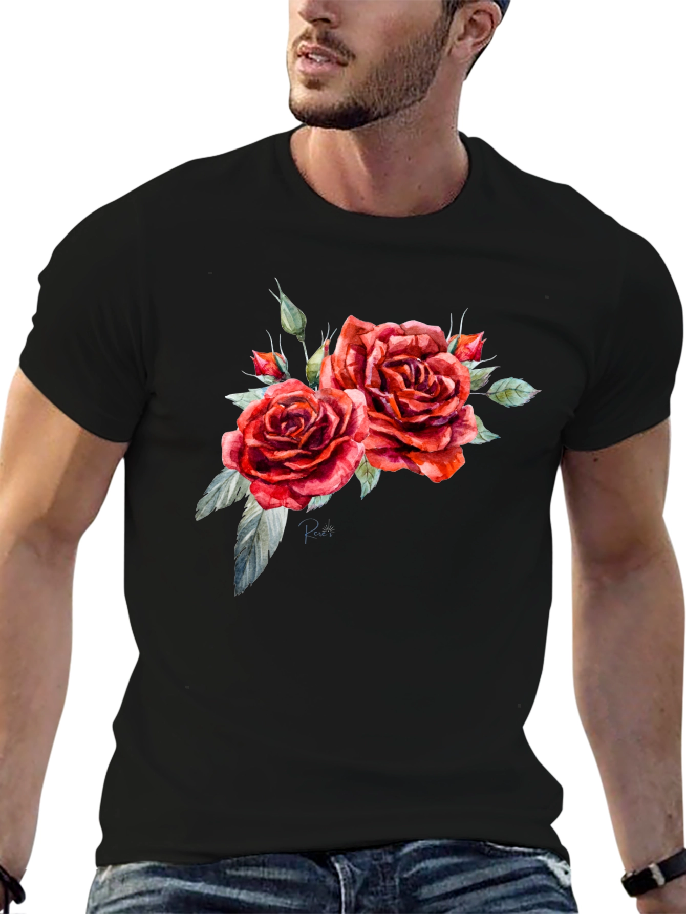 Floral Roses Print Black T-Shirt