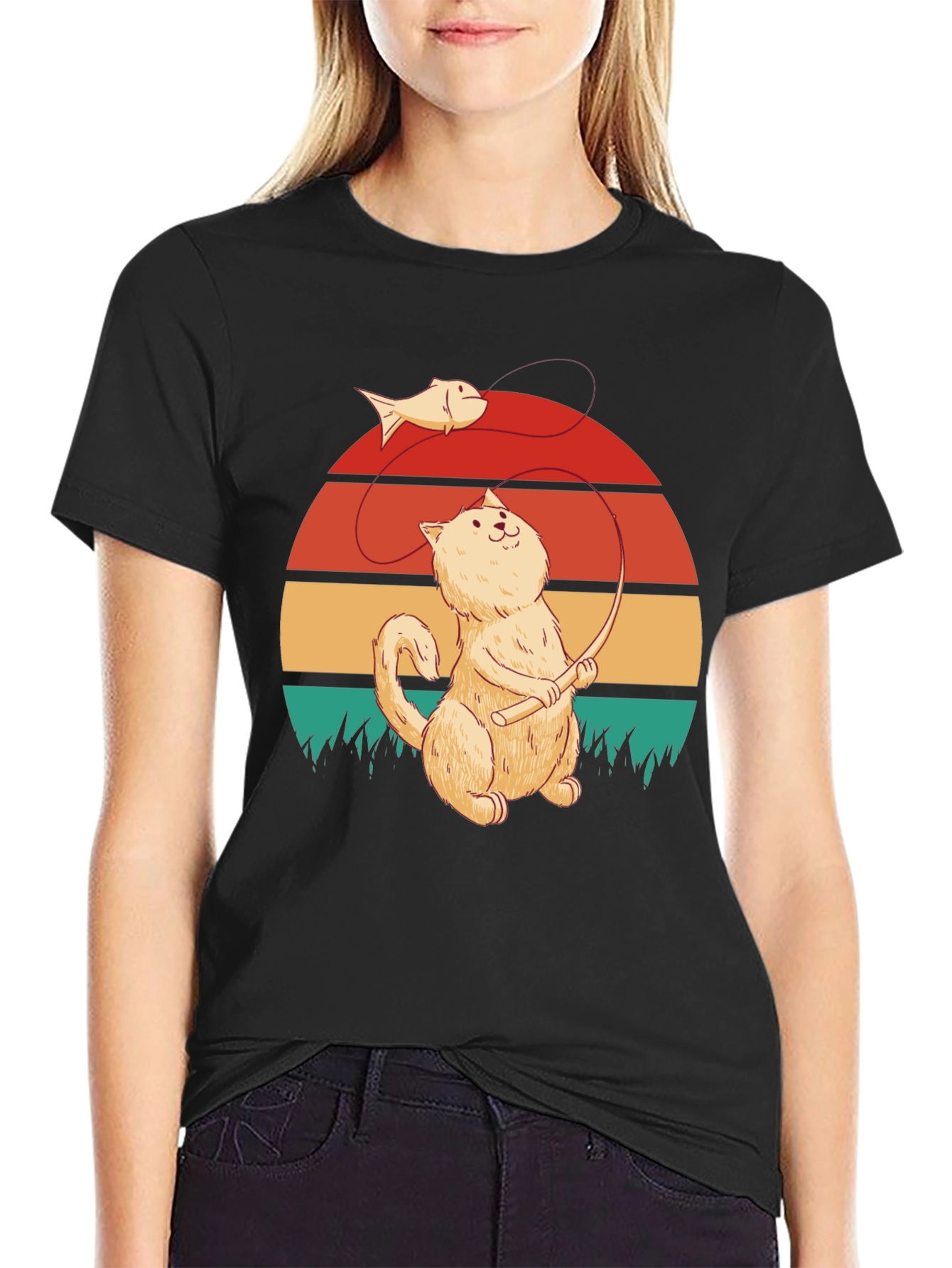 Cat Fishing T-Shirt - Retro Design
