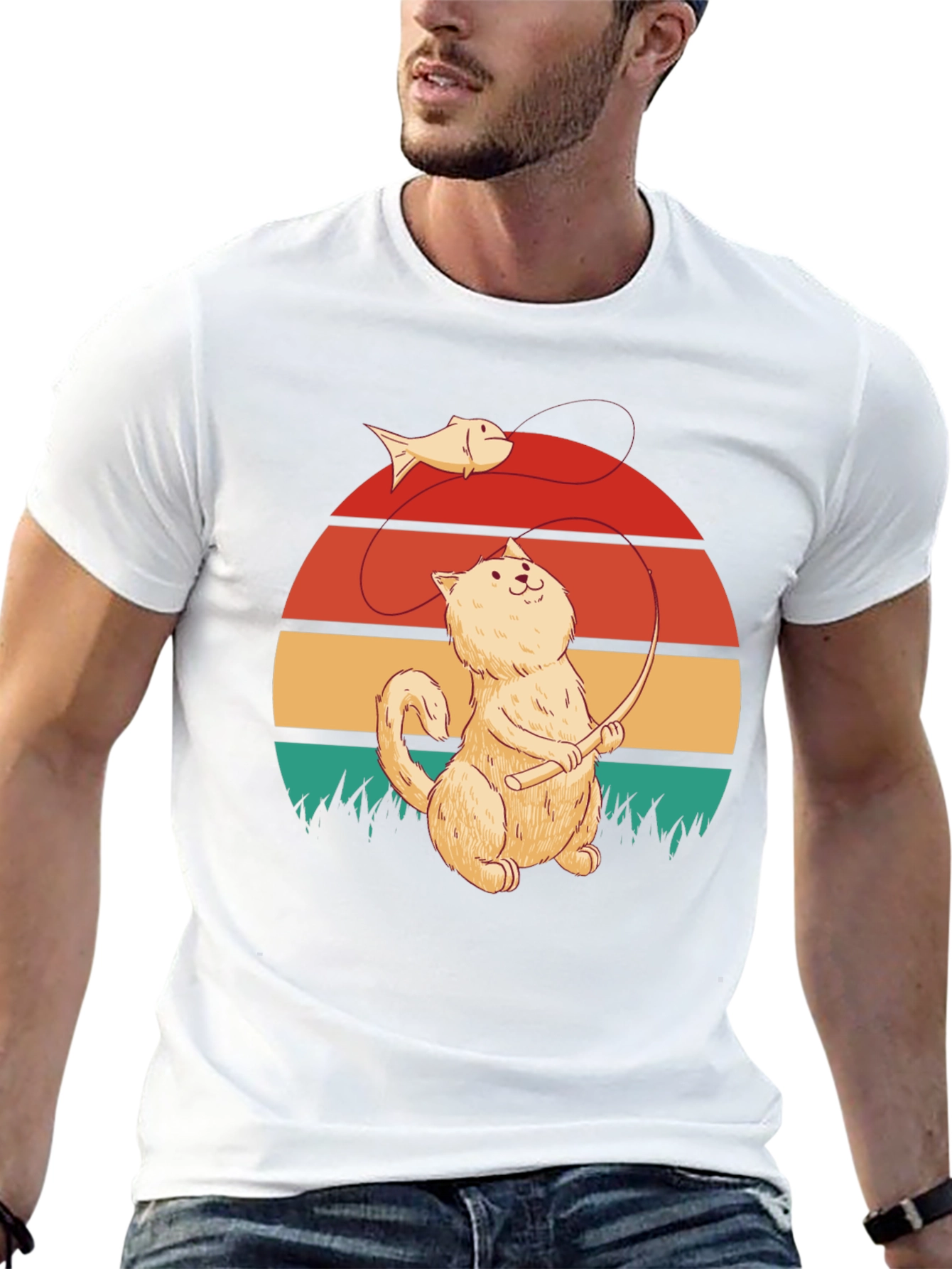 Cat Fishing T-Shirt - Retro Design