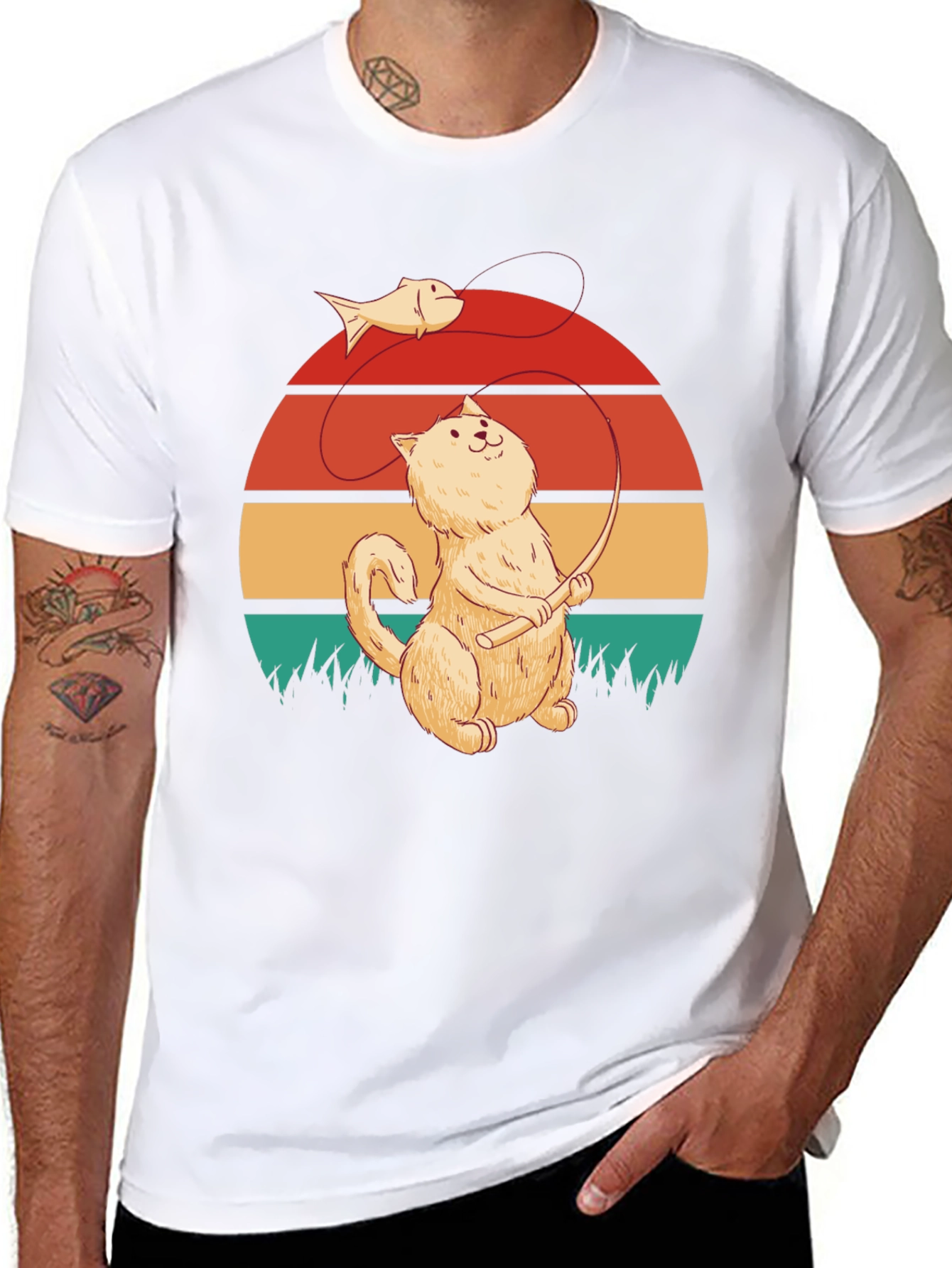 Cat Fishing T-Shirt - Retro Design