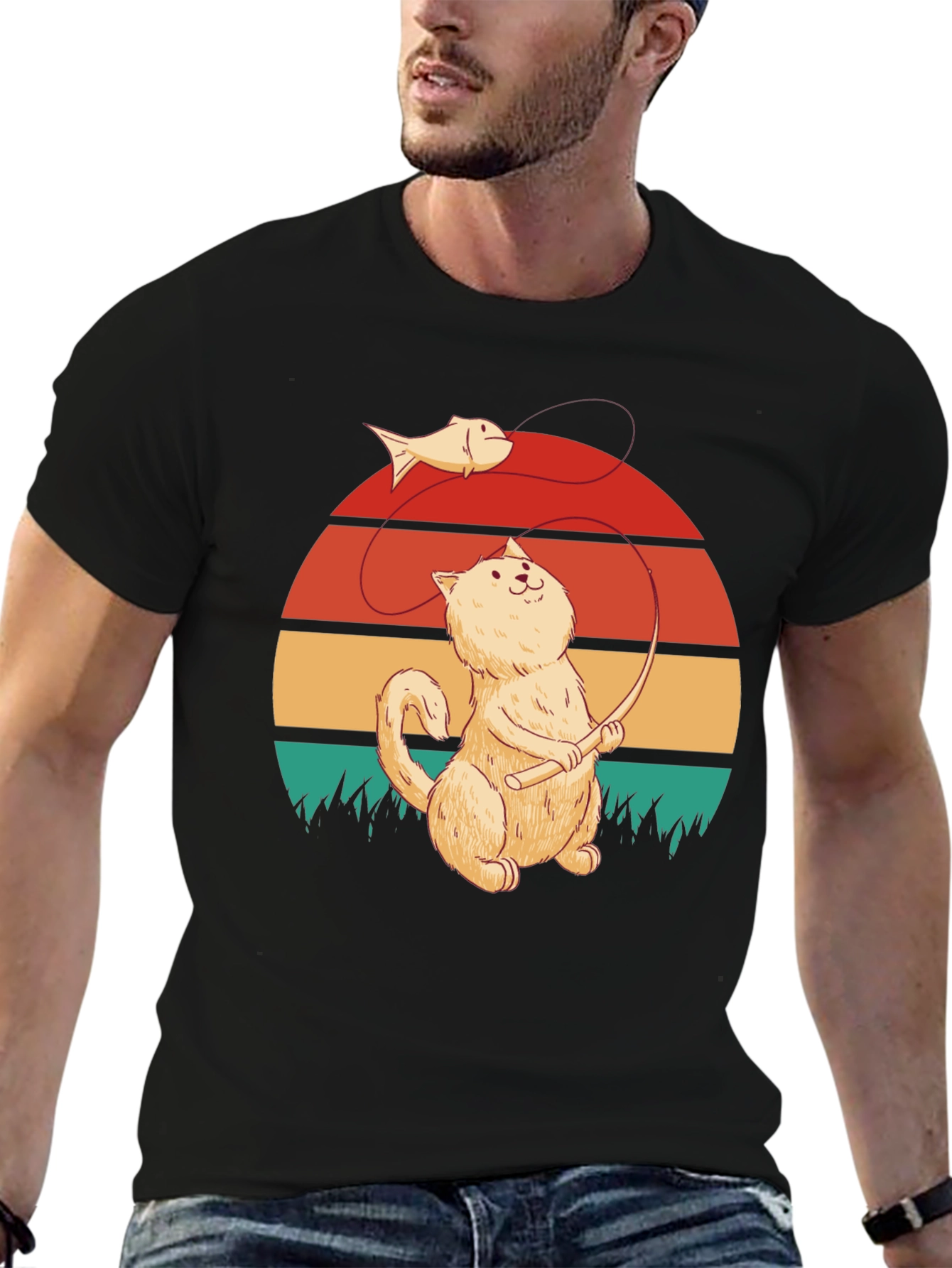 Cat Fishing T-Shirt - Retro Design