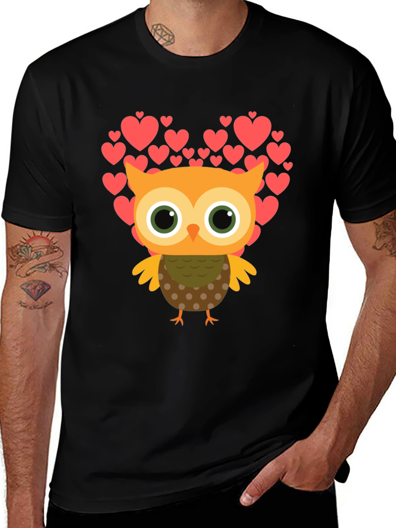 Owl Love Heart T-Shirt - Mens Black Tee