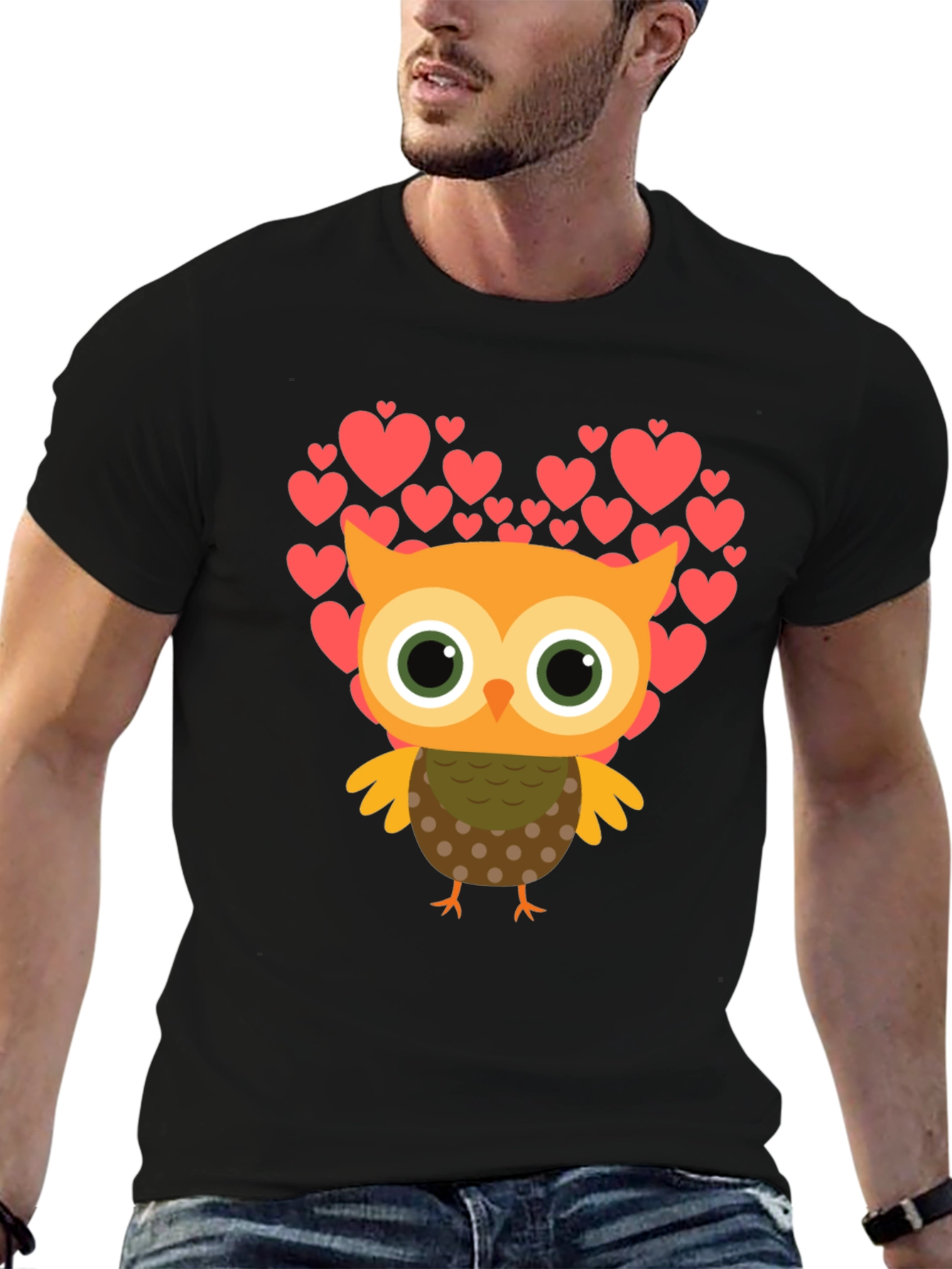 Owl Love Heart T-Shirt - Mens Black Tee