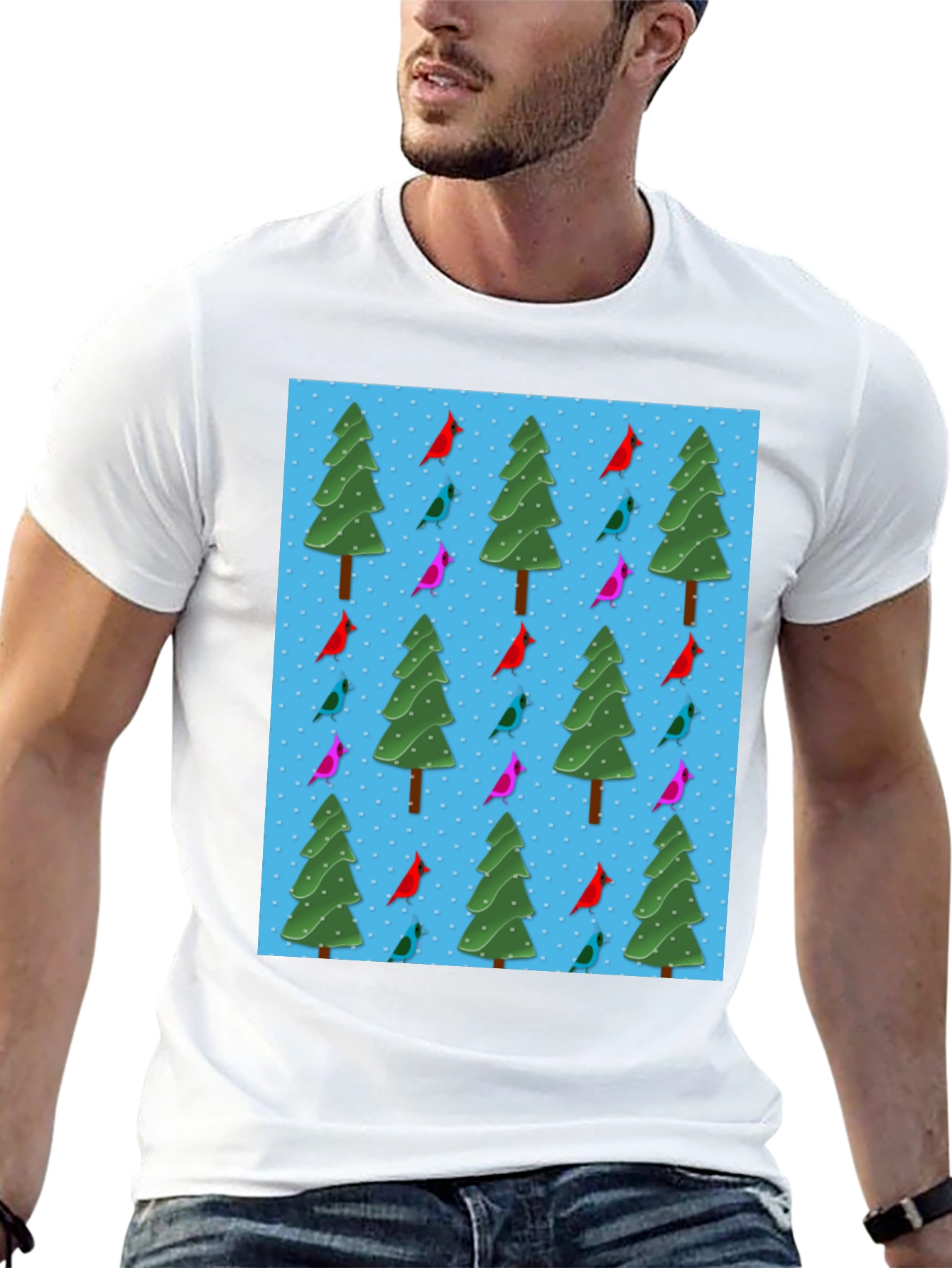 Festive Holiday Bird & Tree Pattern T-Shirt