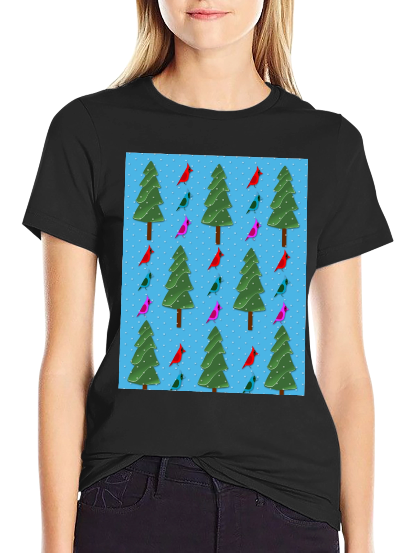 Festive Holiday Bird & Tree Pattern T-Shirt