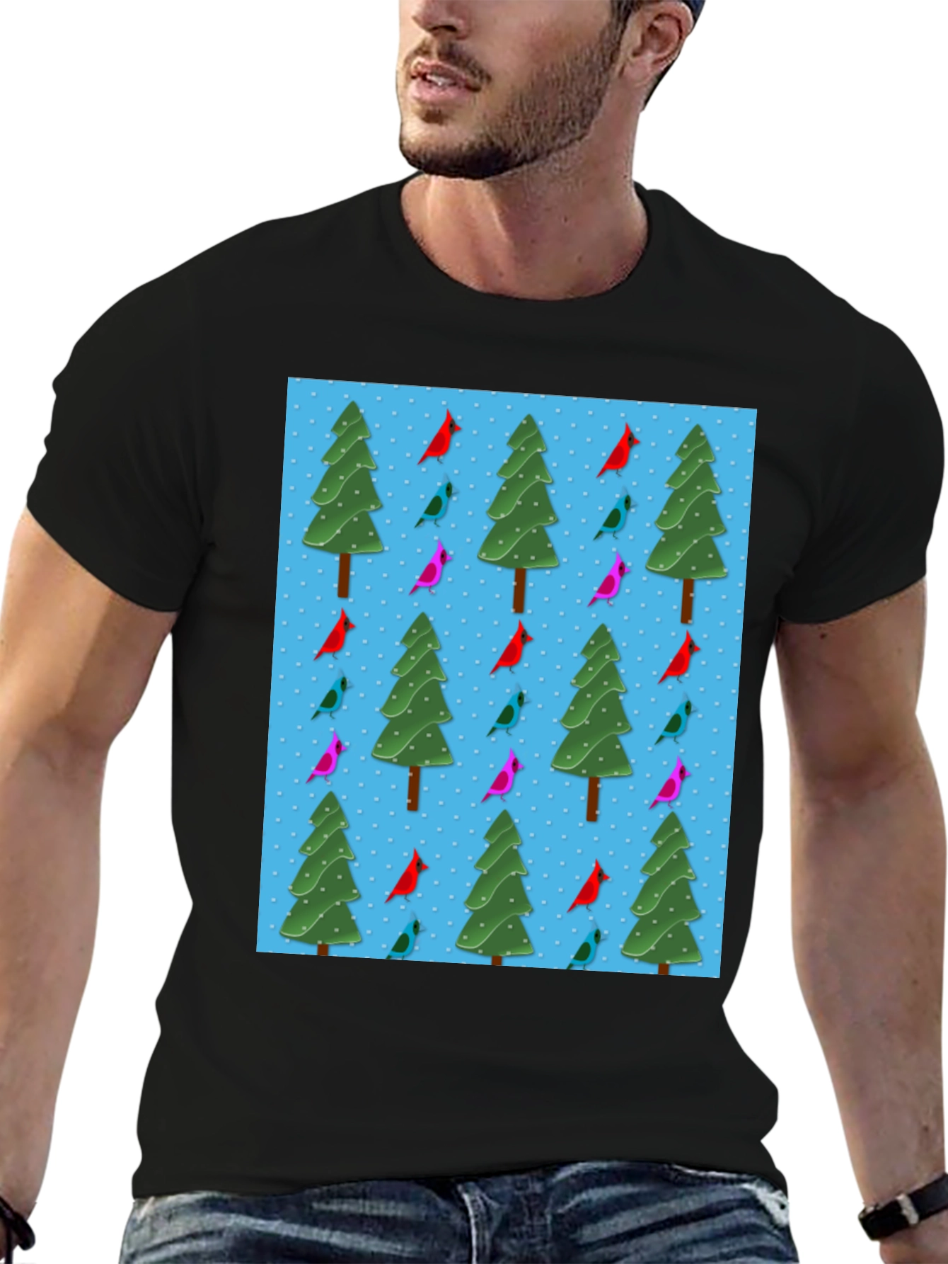Festive Holiday Bird & Tree Pattern T-Shirt