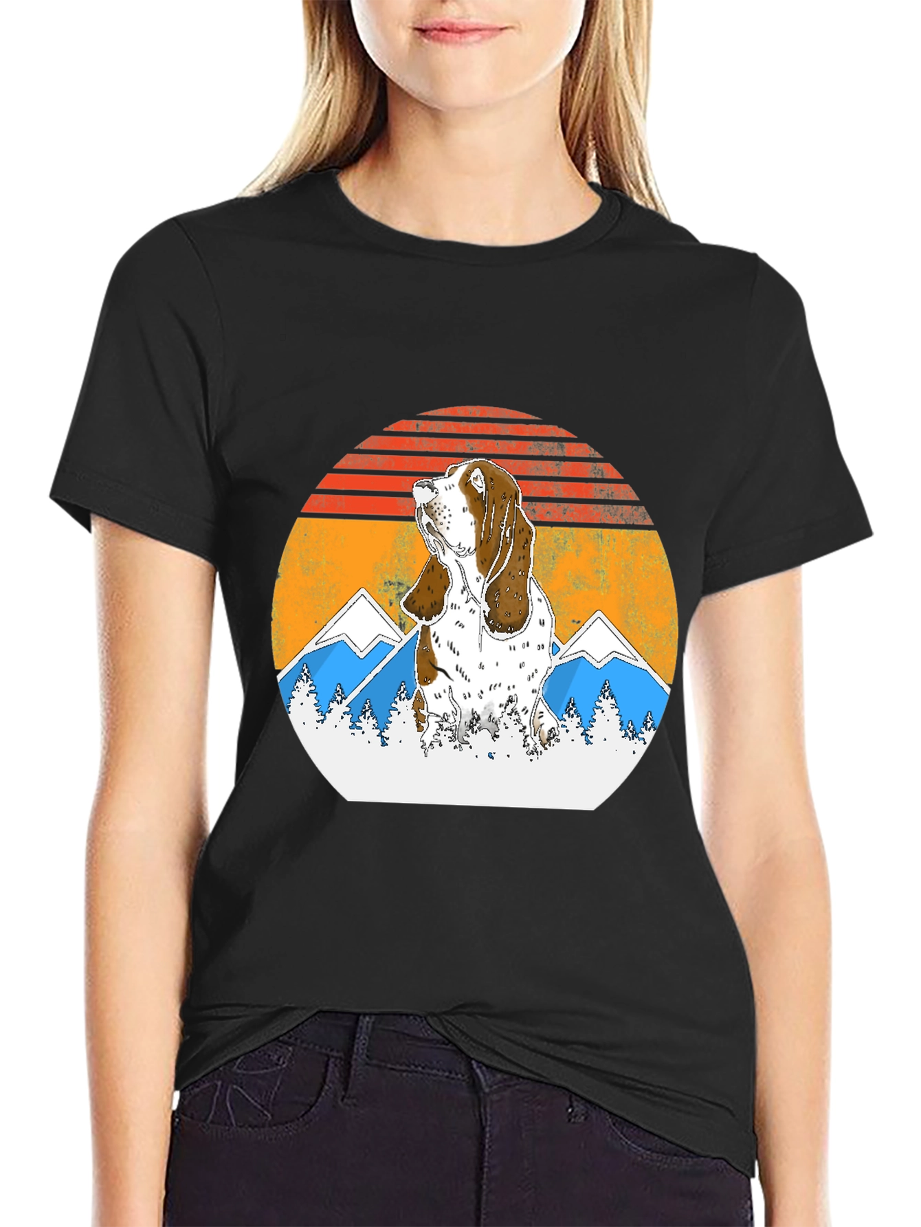 Basset Hound Mountain Sunset Graphic Tee