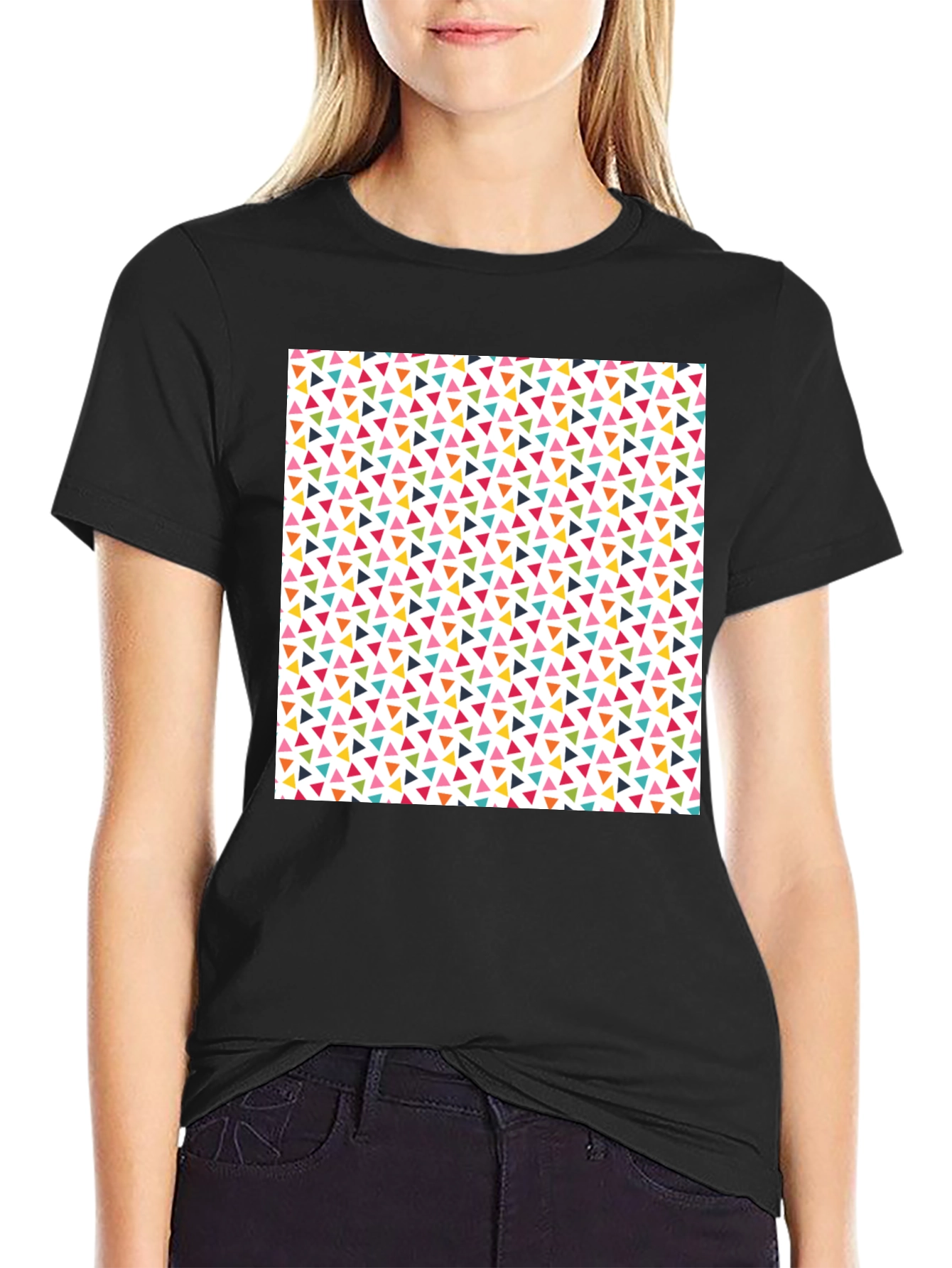 Fun Geometric Triangle Pattern Black T-Shirt
