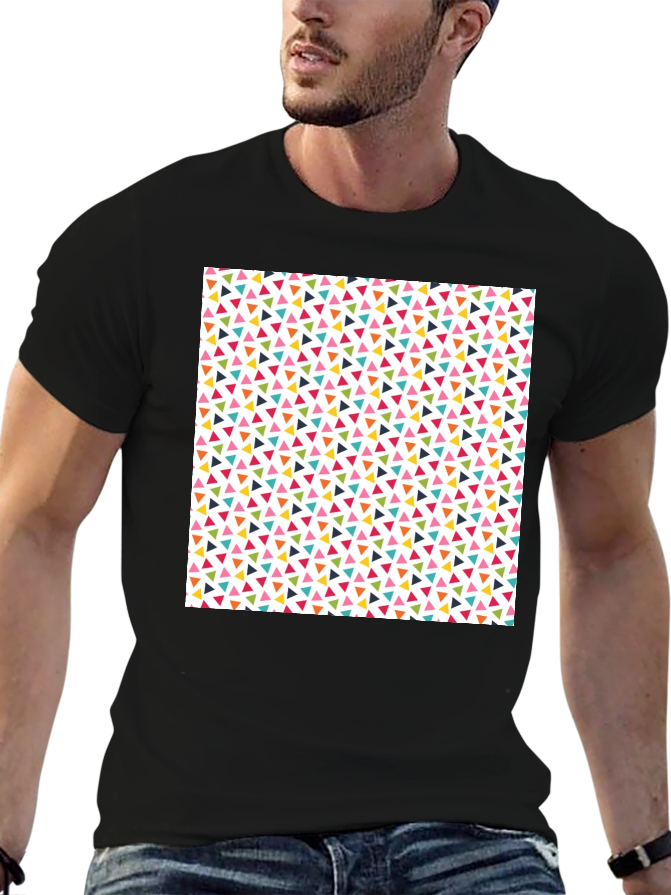 Fun Geometric Triangle Pattern Black T-Shirt