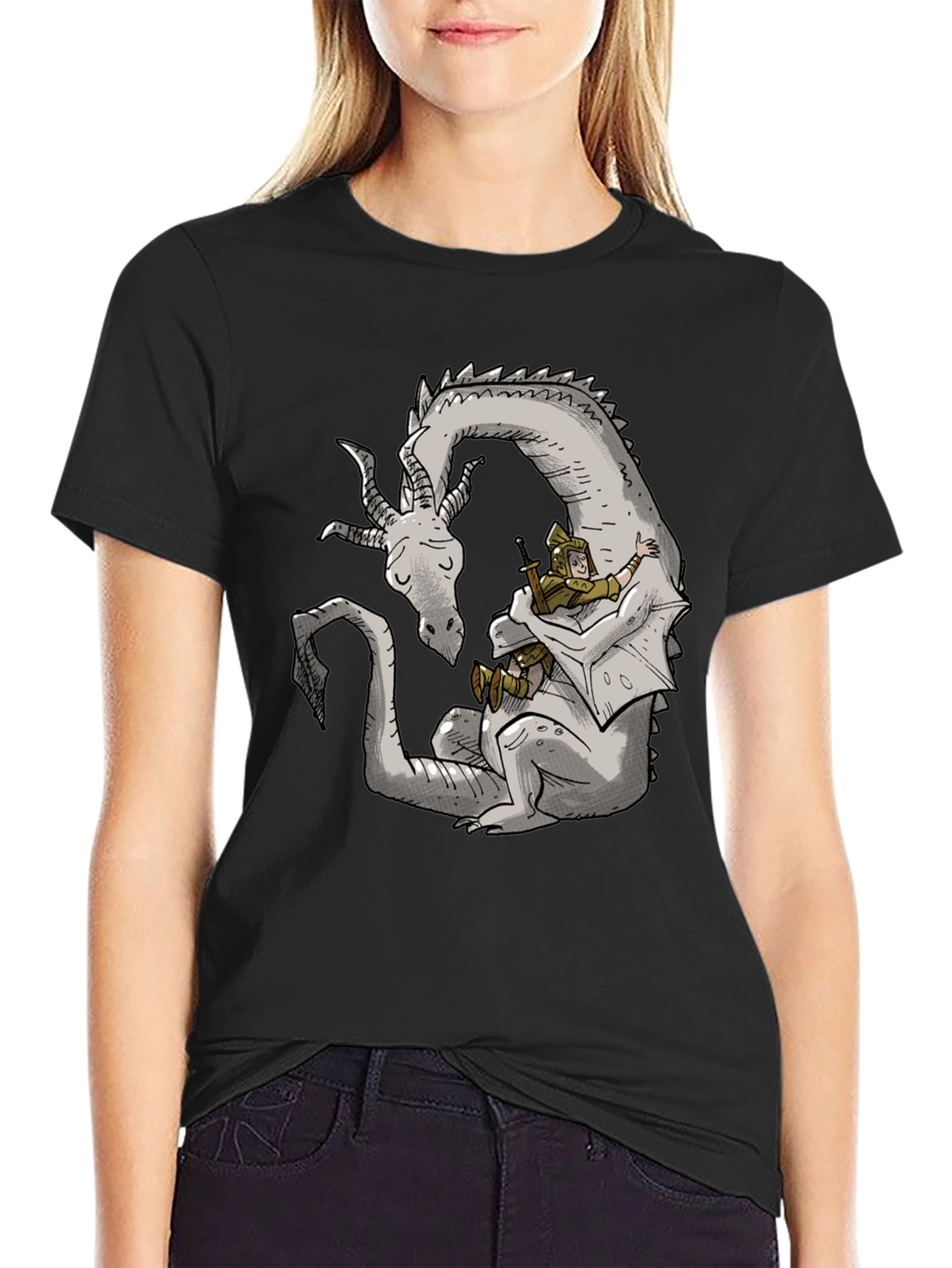 Dragon Hug Black T-Shirt - Fantasy Comfort