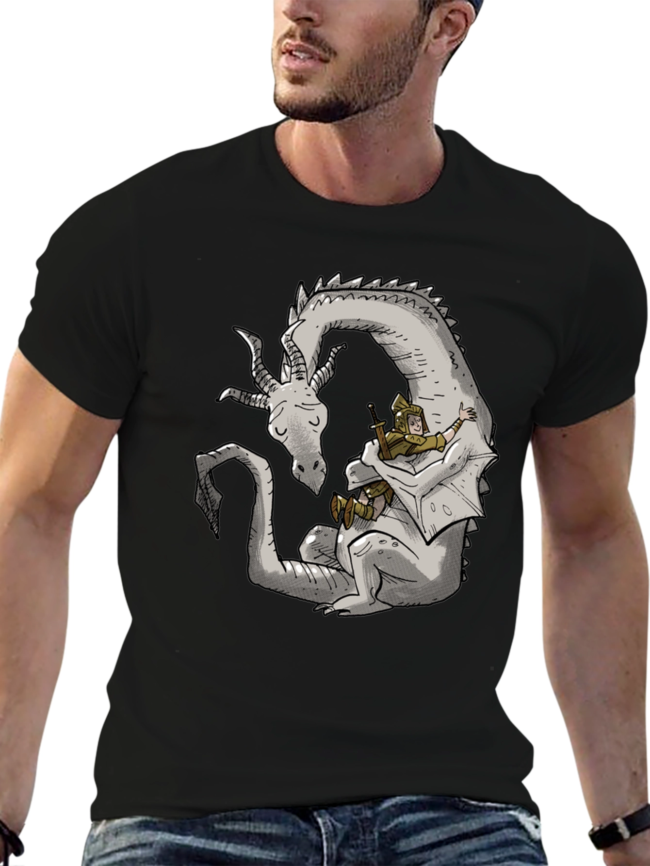 Dragon Hug Black T-Shirt - Fantasy Comfort