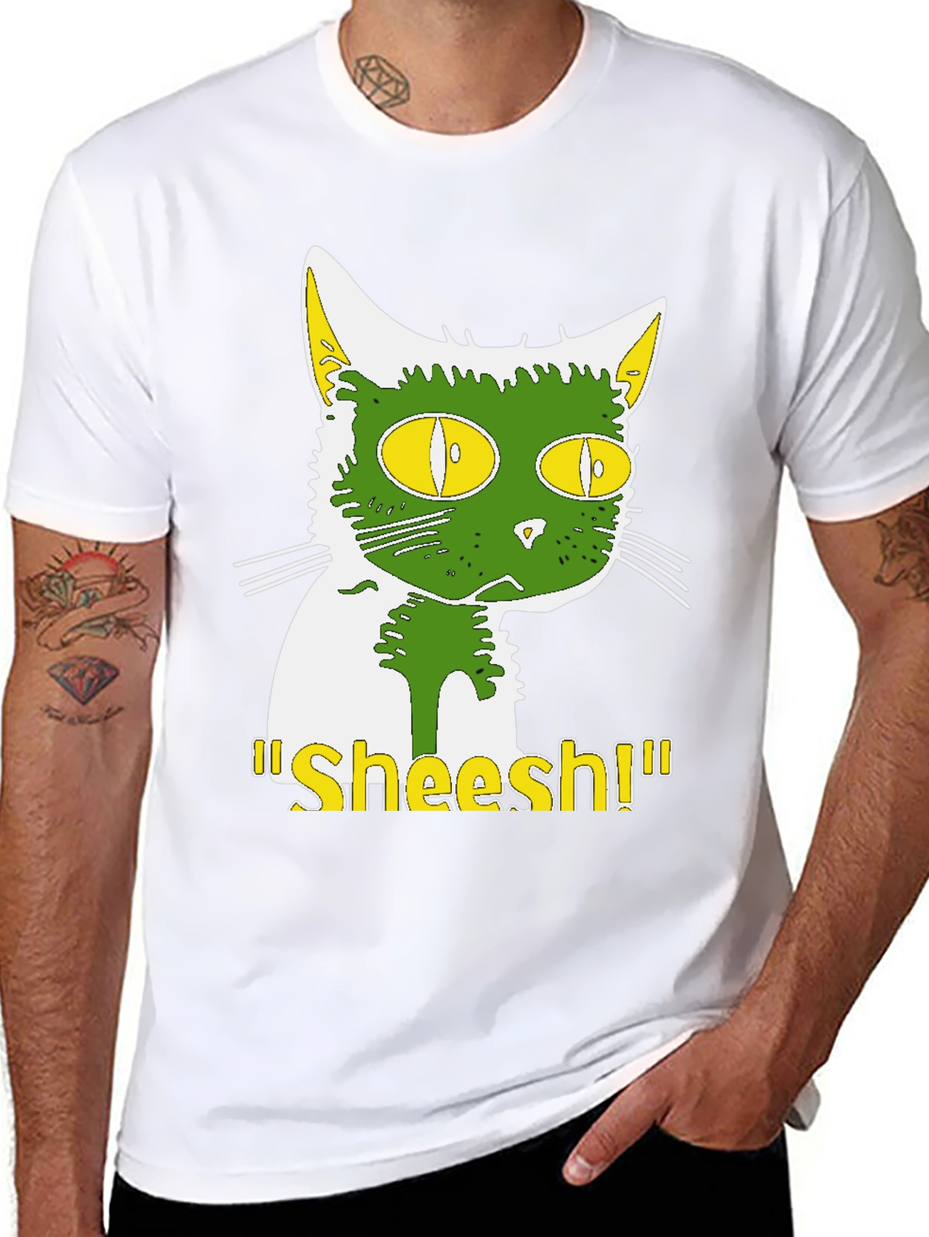 Sheesh Cat T-Shirt - Green & Yellow Graphic Tee