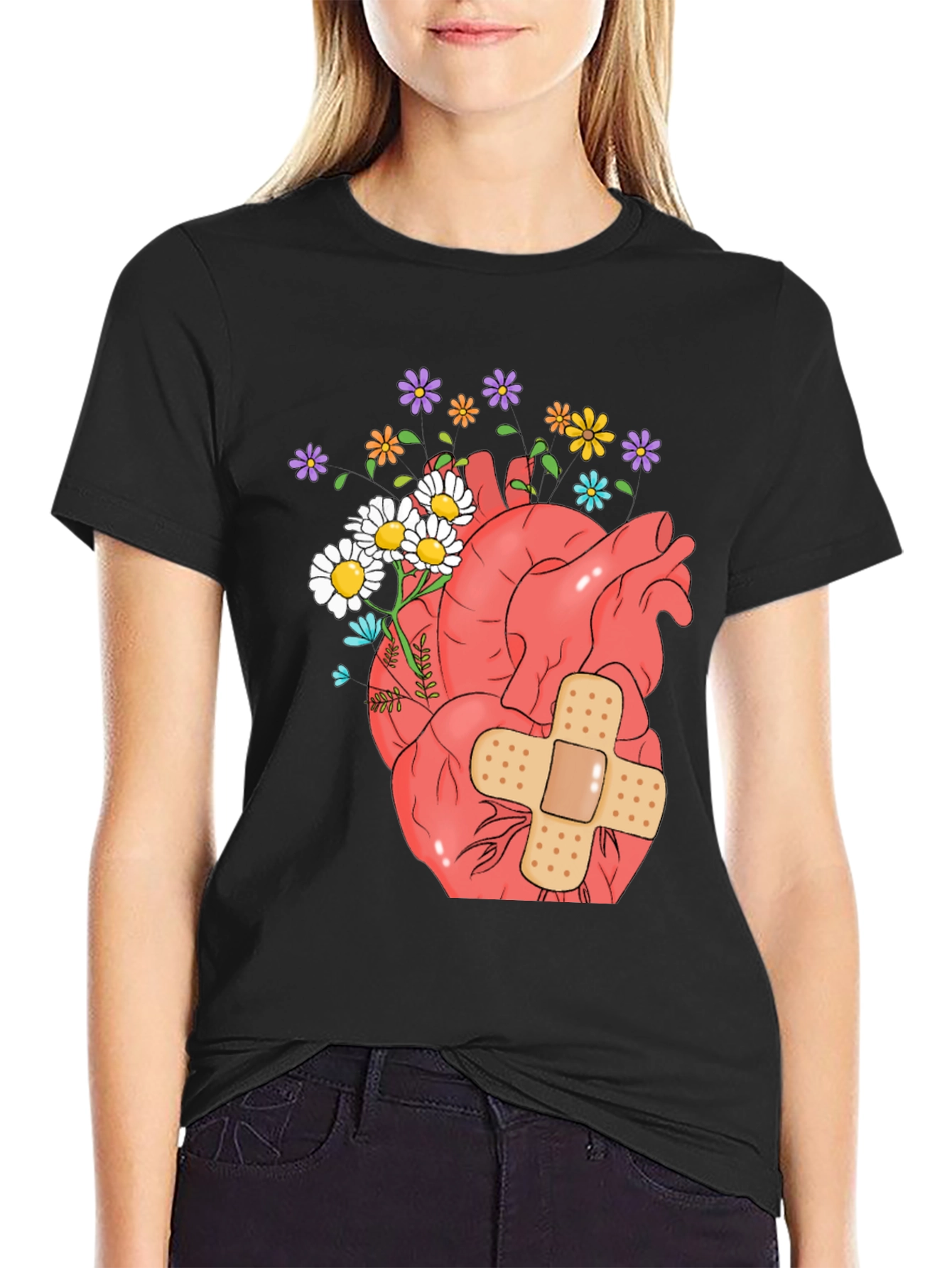 Anatomical Heart & Flowers Graphic T-Shirt