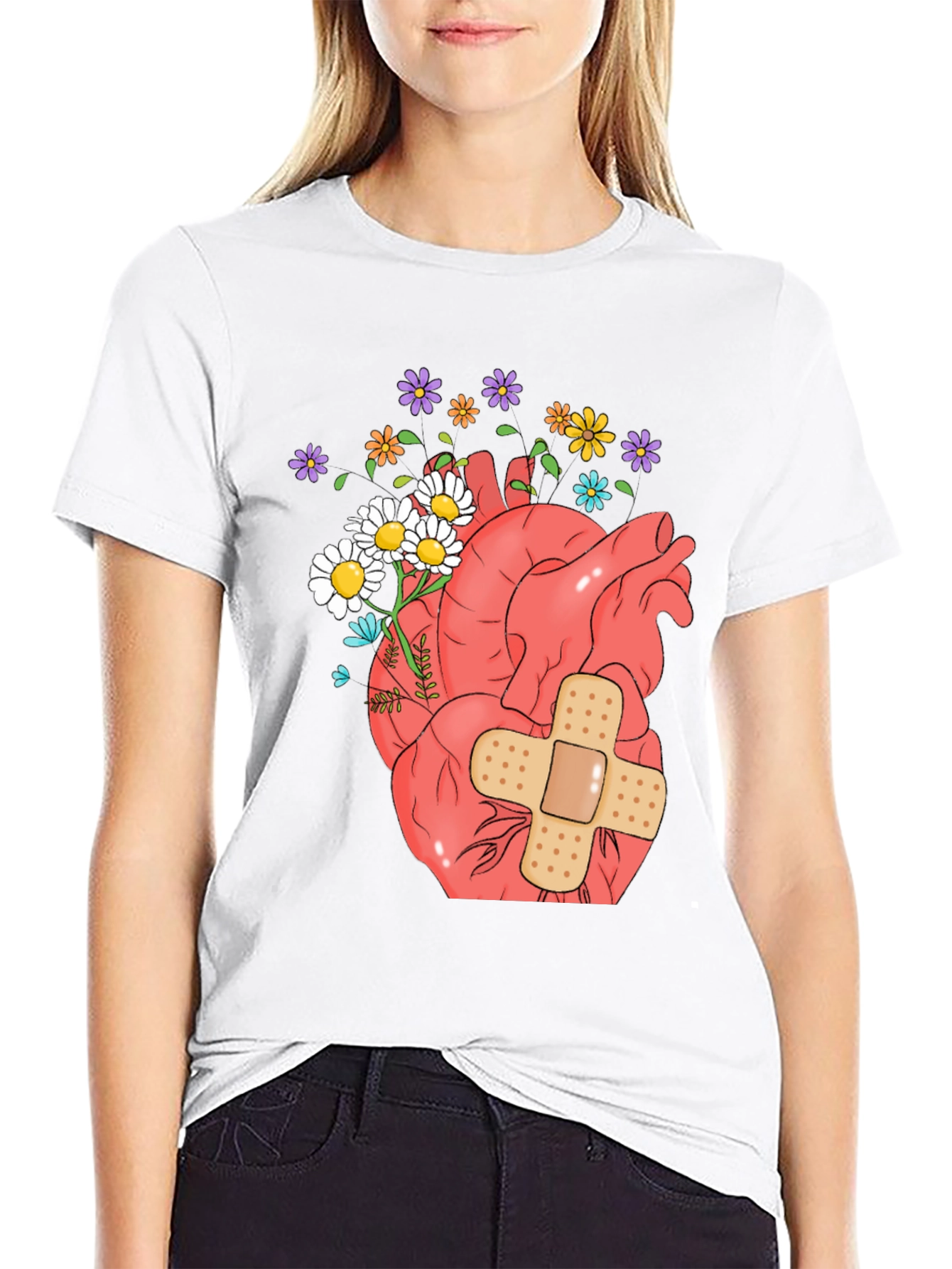 Anatomical Heart & Flowers Graphic T-Shirt