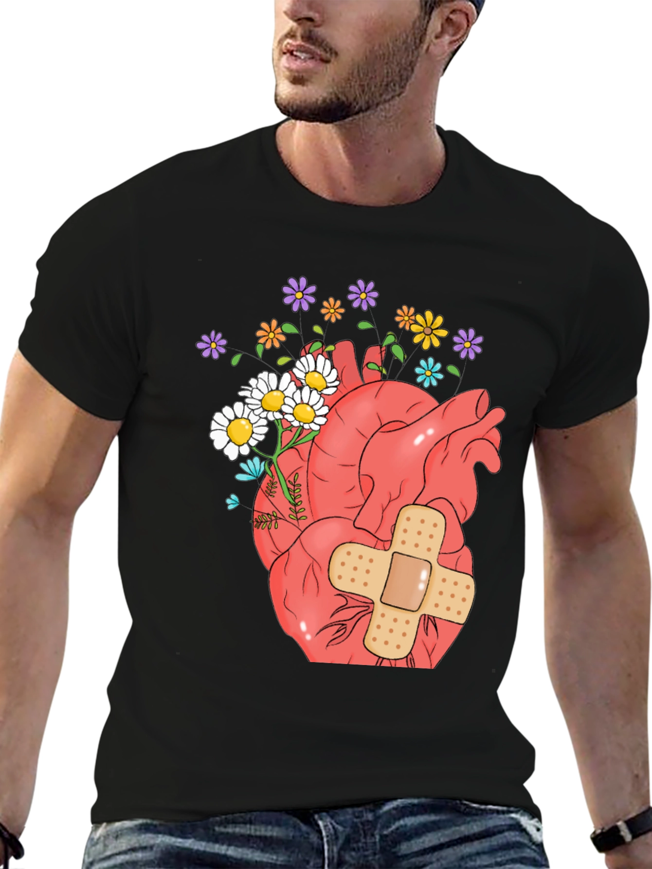 Anatomical Heart & Flowers Graphic T-Shirt