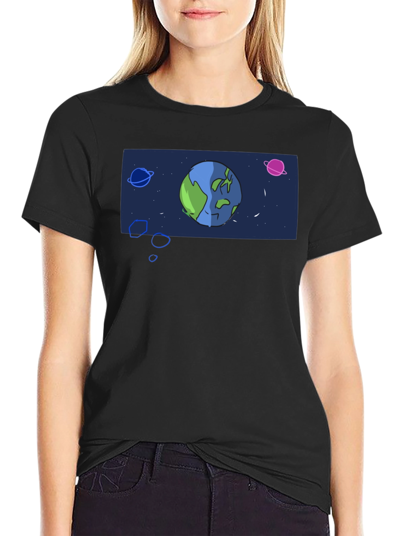 Cartoon Earth Graphic Black T-Shirt