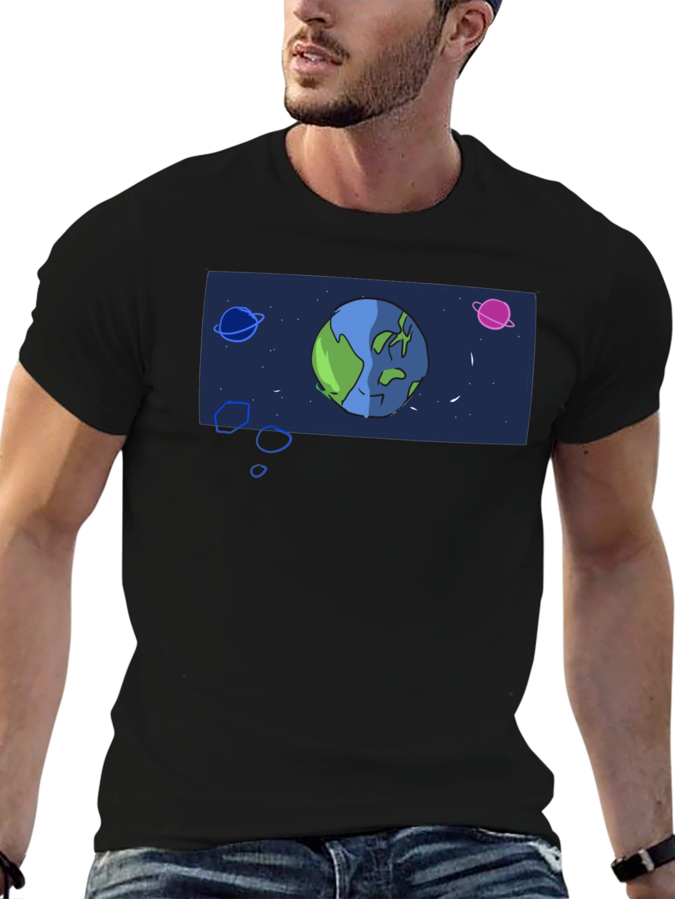 Cartoon Earth Graphic Black T-Shirt