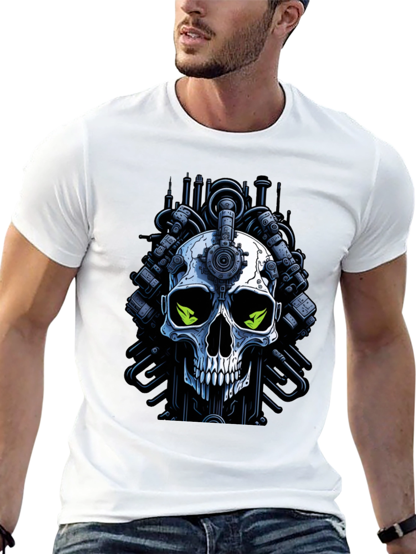 Cyberpunk Skull Graphic Tee - Edgy Robot Skull Design